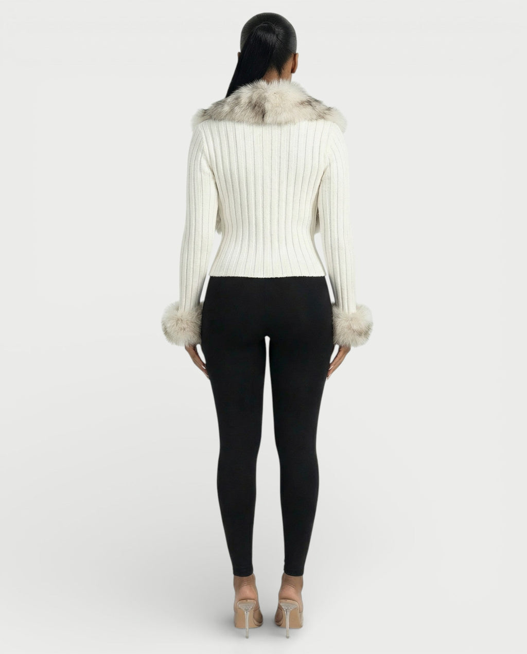TRINAYA Faux Fur Trim Ribbed Knit Jumper