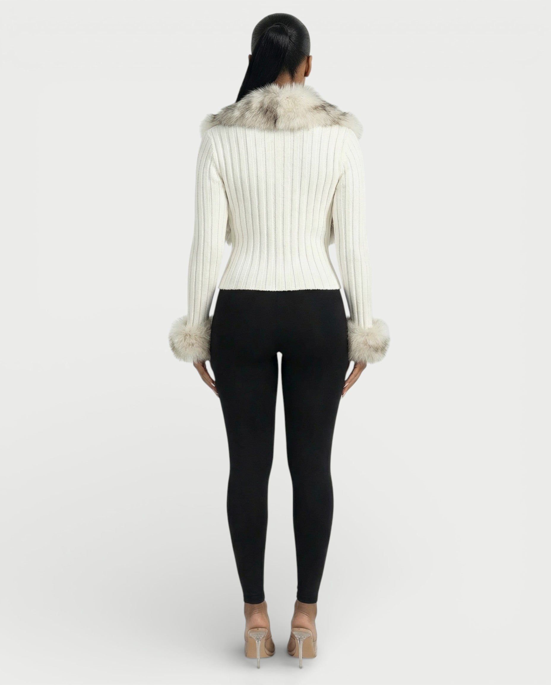 TRINAYA Faux Fur Trim Ribbed Knit Jumper