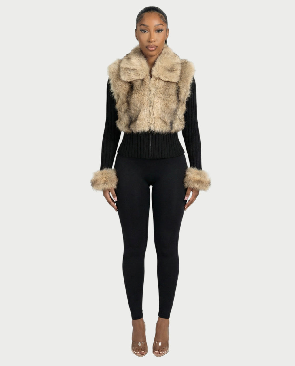 TRINAYA Faux Fur Trim Ribbed Knit Jumper