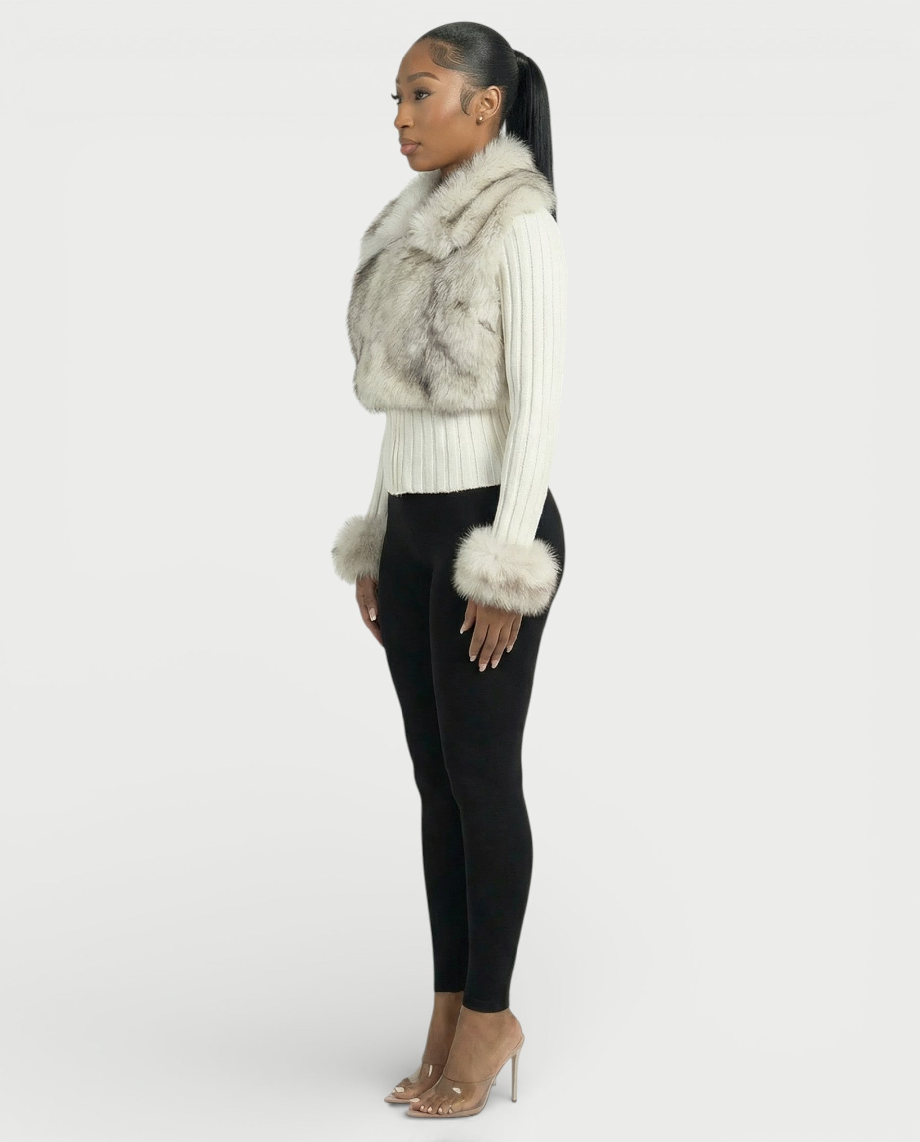 TRINAYA Faux Fur Trim Ribbed Knit Jumper