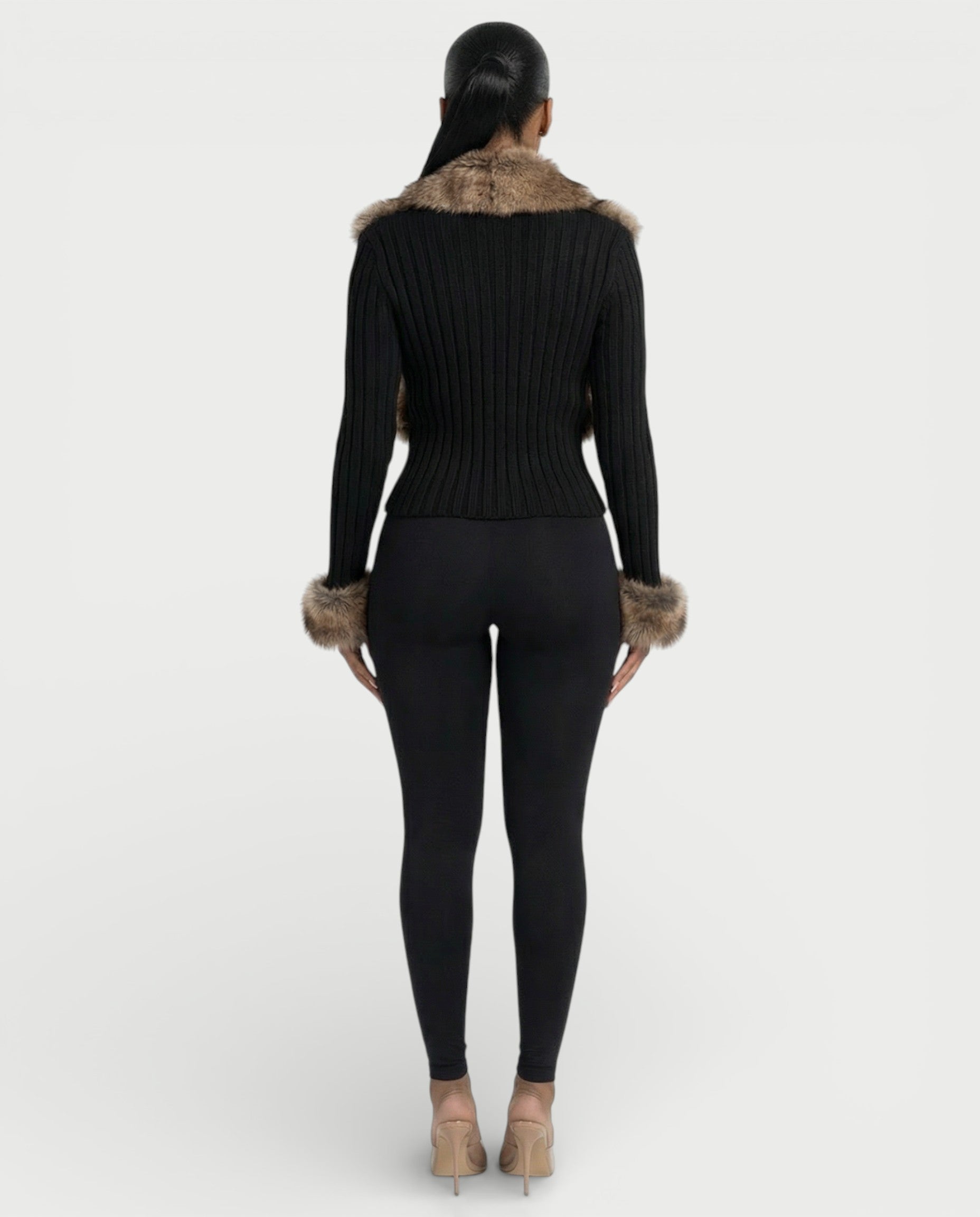 TRINAYA Faux Fur Trim Ribbed Knit Jumper