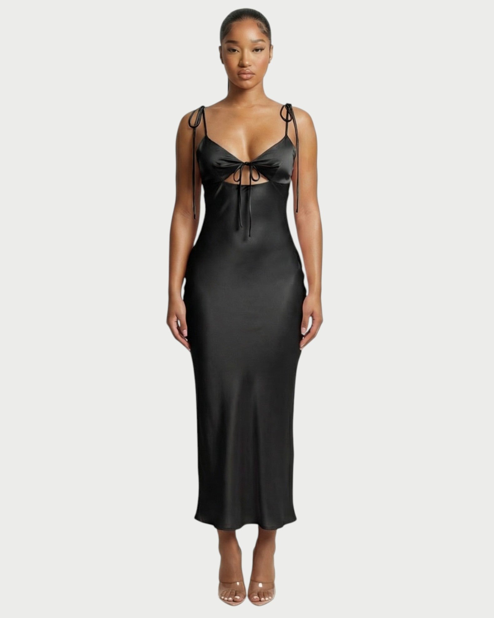 ZORINE Tie-Front Satin Slip Midi Dress