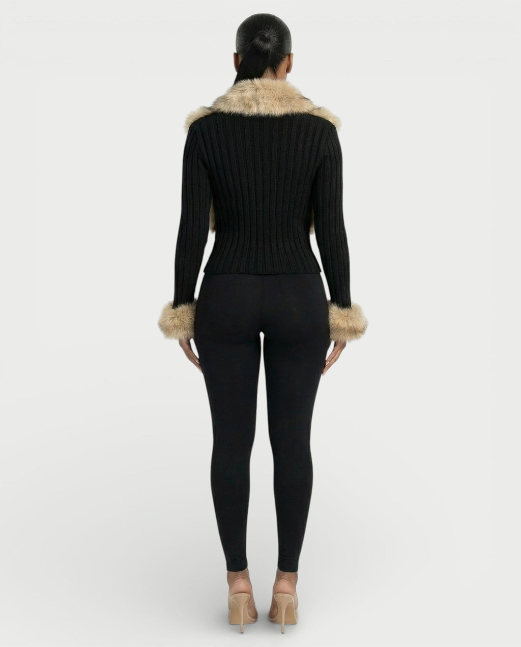 TRINAYA Faux Fur Trim Ribbed Knit Jumper