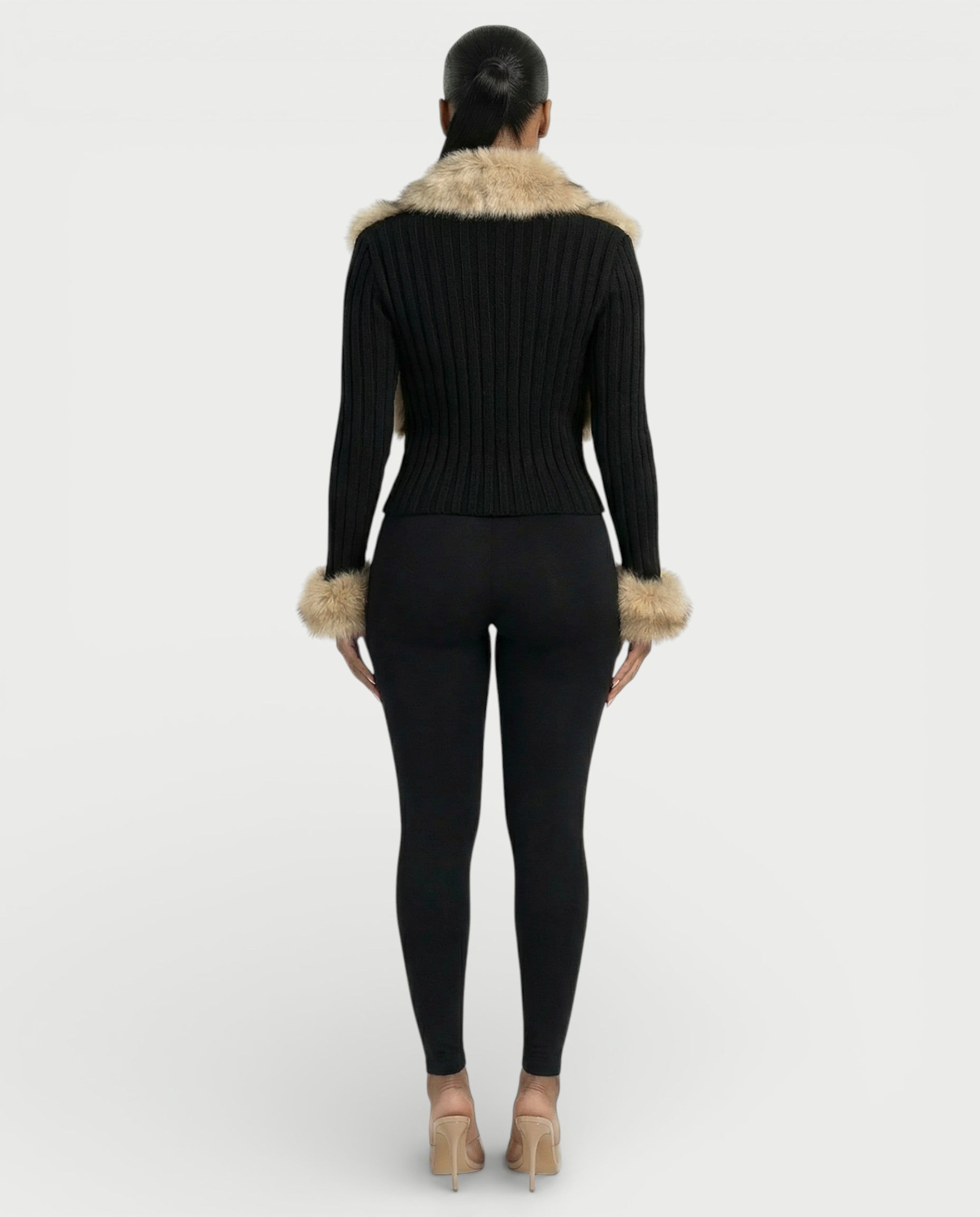 TRINAYA Faux Fur Trim Ribbed Knit Jumper