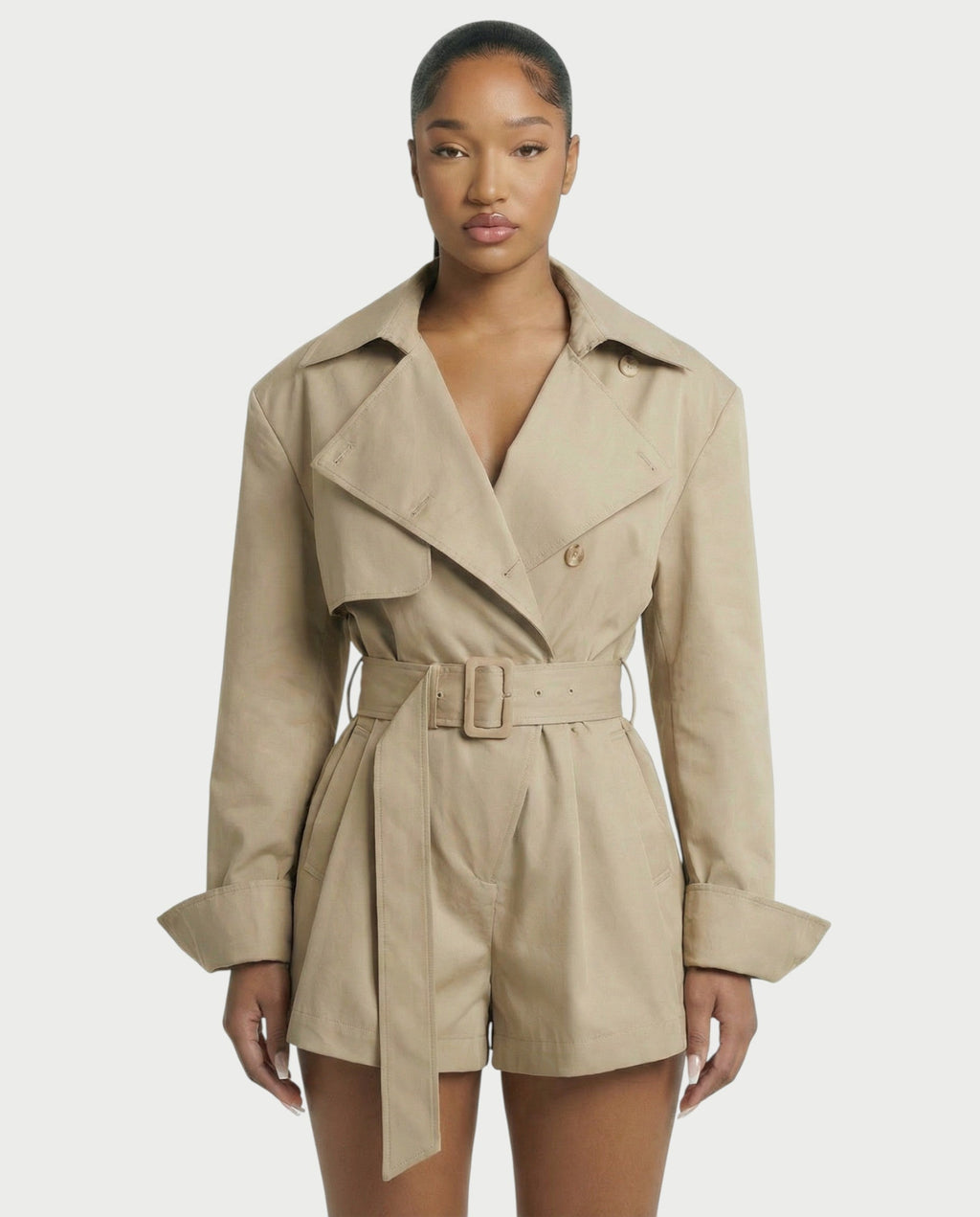 LORAYA Belted Trench Coat Romper