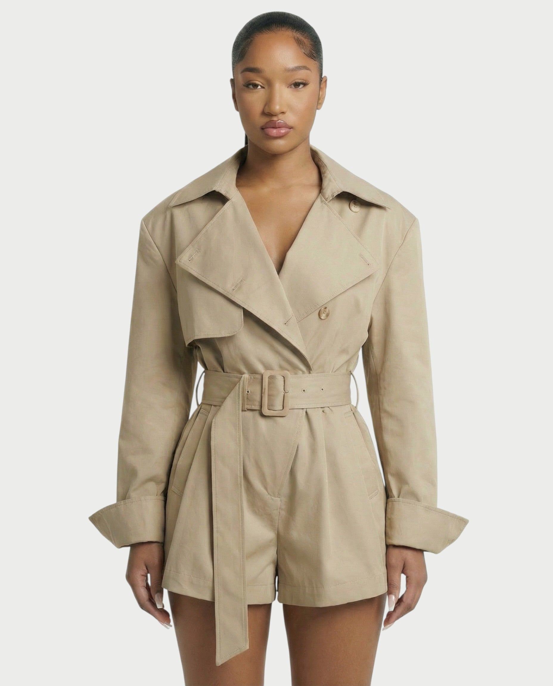 LORAYA Belted Trench Coat Romper
