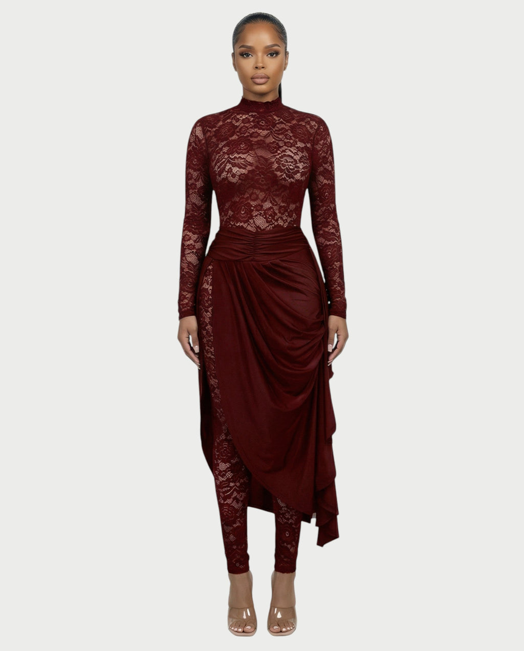 EVASYN Sheer Lace Jumpsuit & Wrap Skirt Set