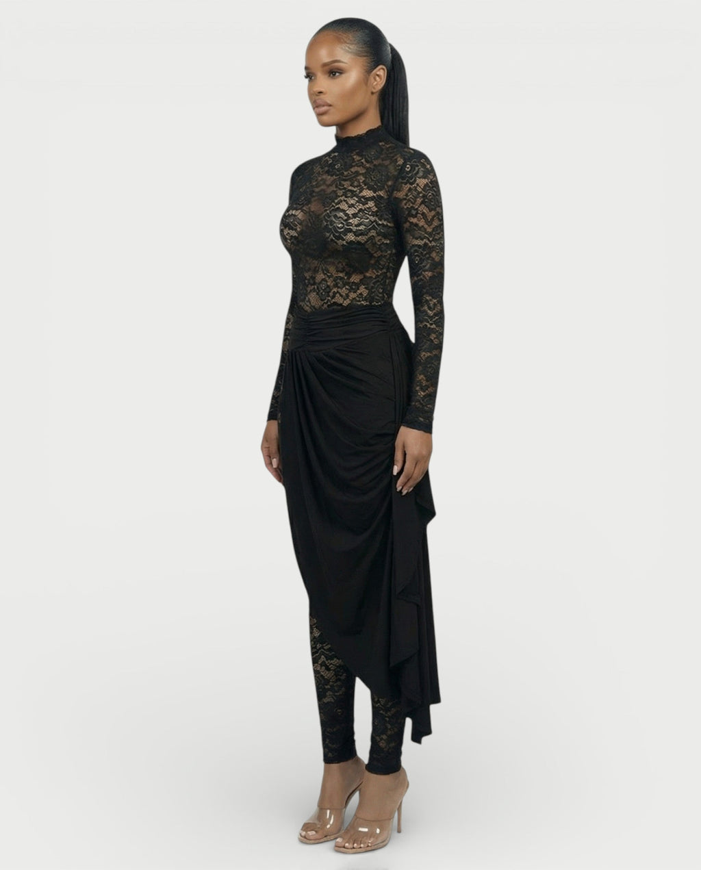 EVASYN Sheer Lace Jumpsuit & Wrap Skirt Set