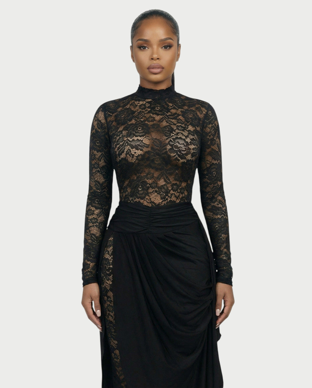 EVASYN Sheer Lace Jumpsuit & Wrap Skirt Set