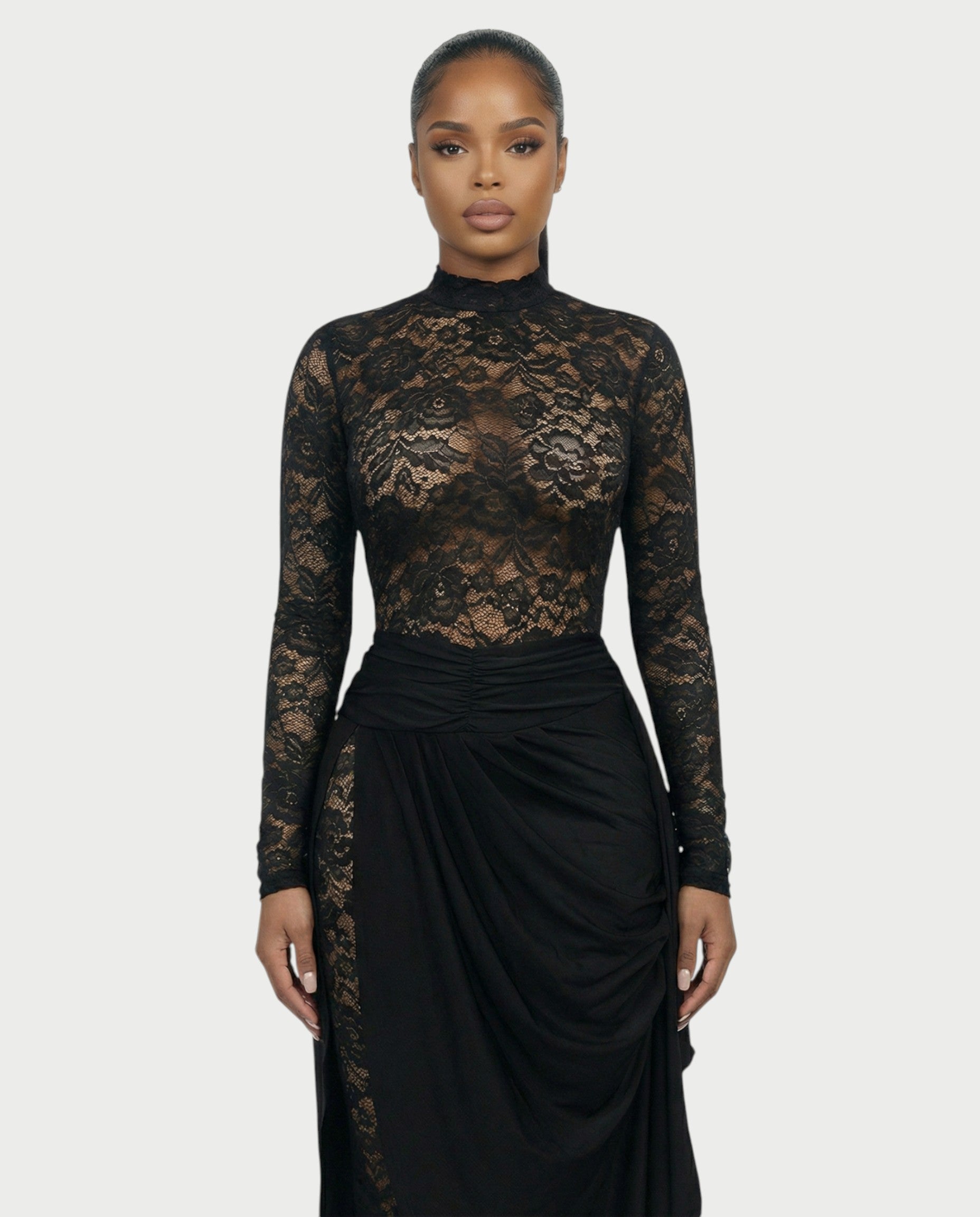 EVASYN Sheer Lace Jumpsuit & Wrap Skirt Set