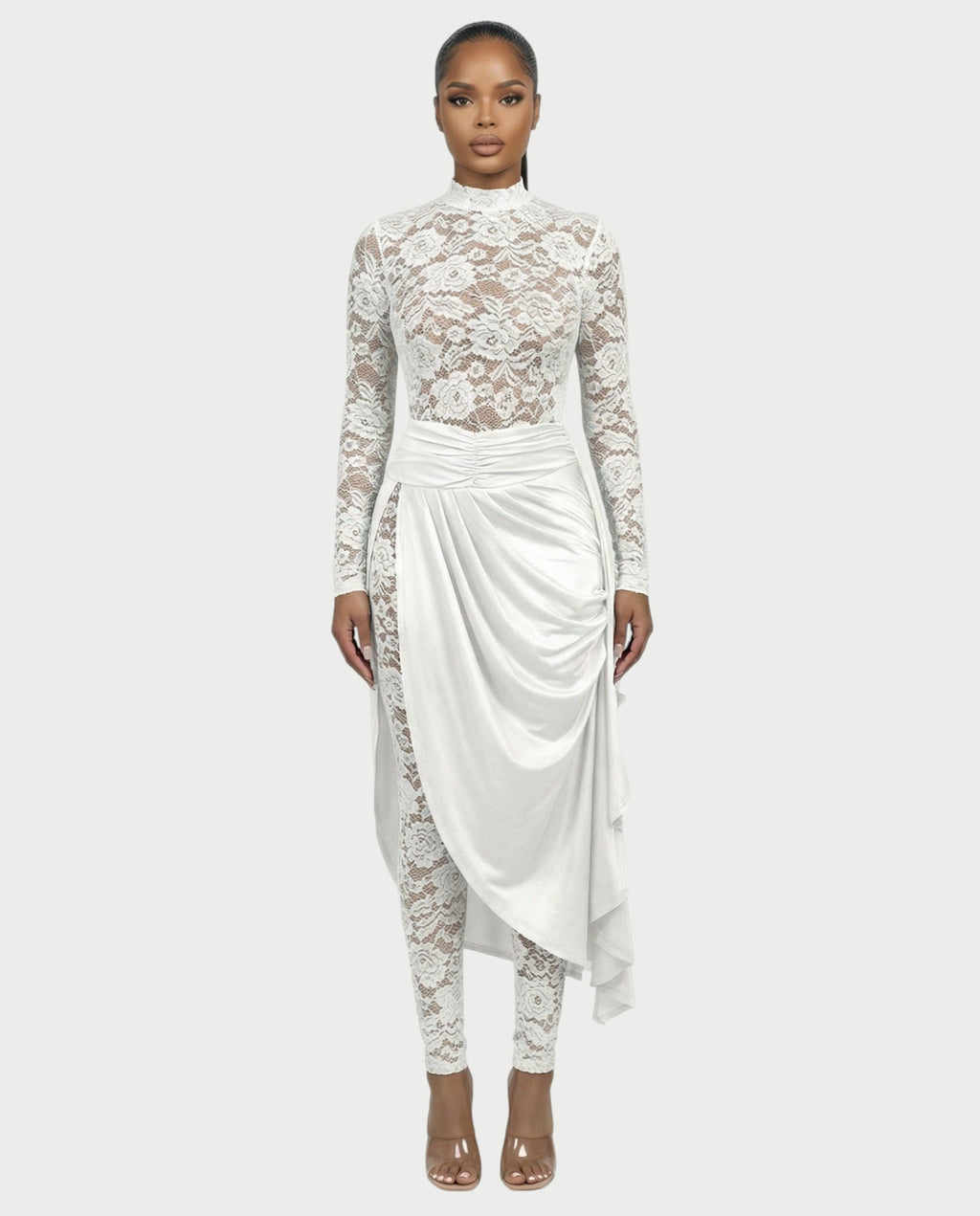 EVASYN Sheer Lace Jumpsuit & Wrap Skirt Set
