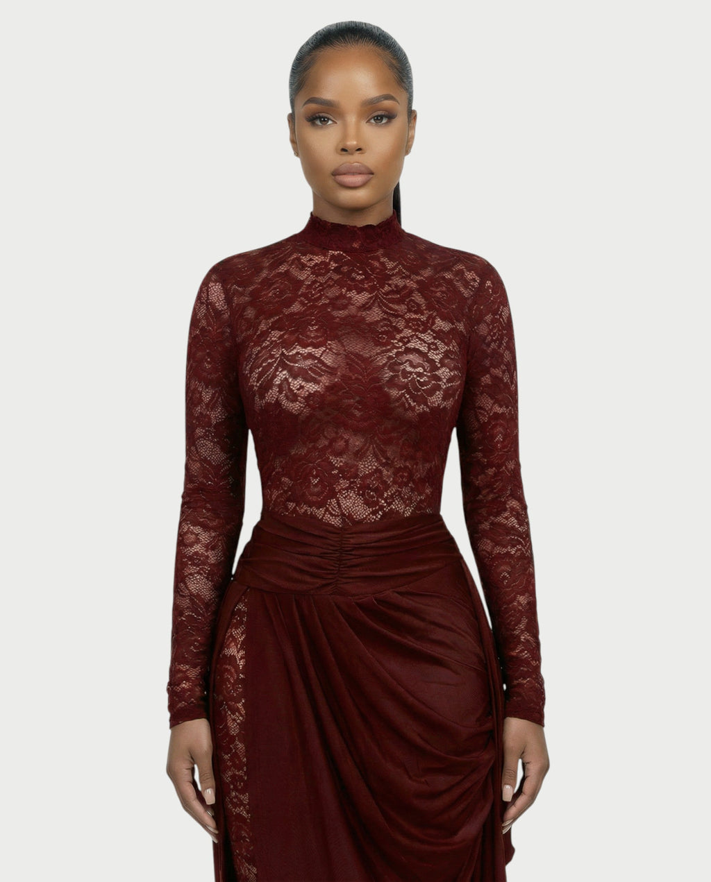 EVASYN Sheer Lace Jumpsuit & Wrap Skirt Set