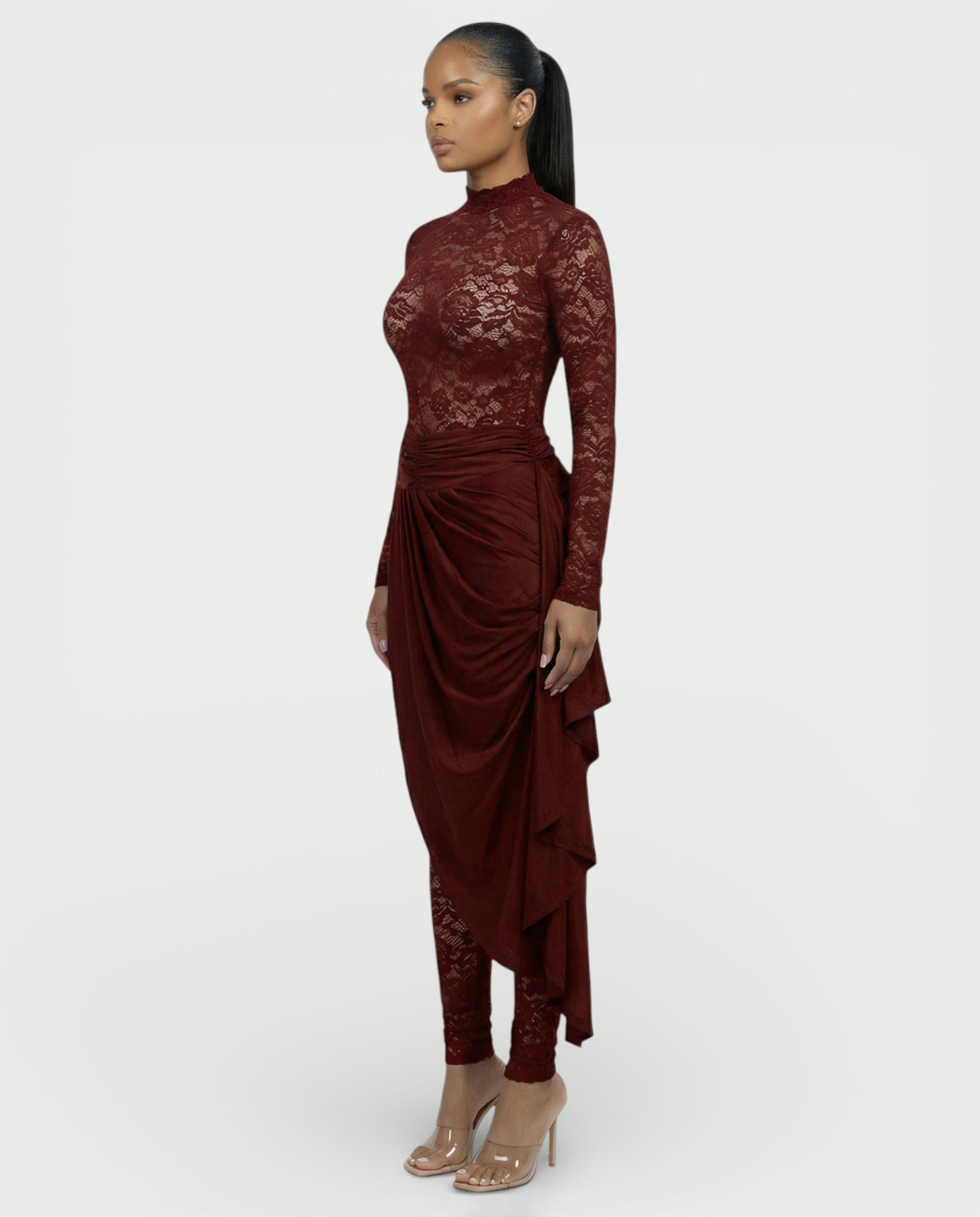EVASYN Sheer Lace Jumpsuit & Wrap Skirt Set
