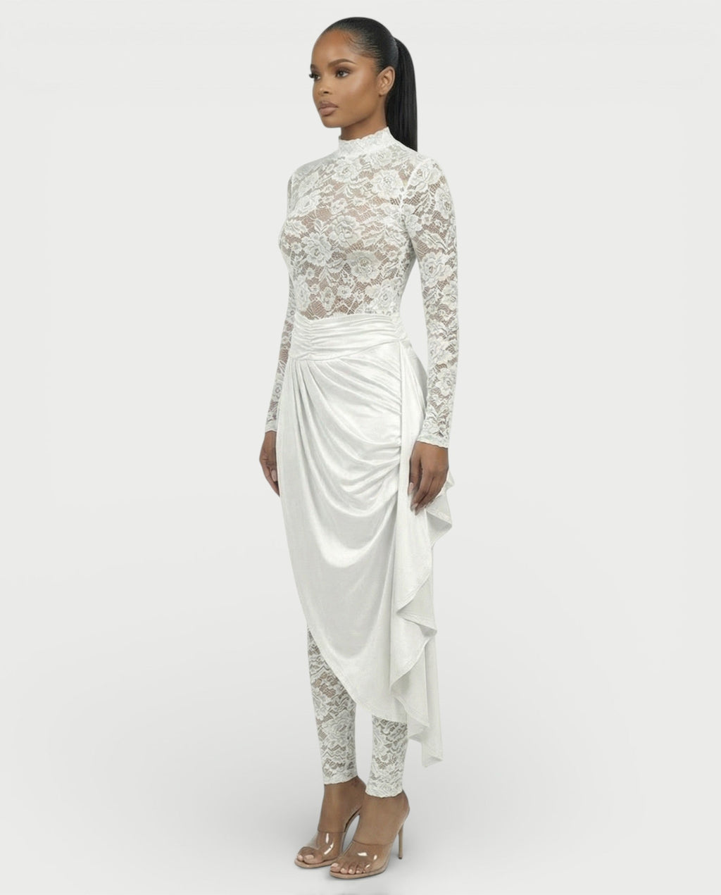 EVASYN Sheer Lace Jumpsuit & Wrap Skirt Set