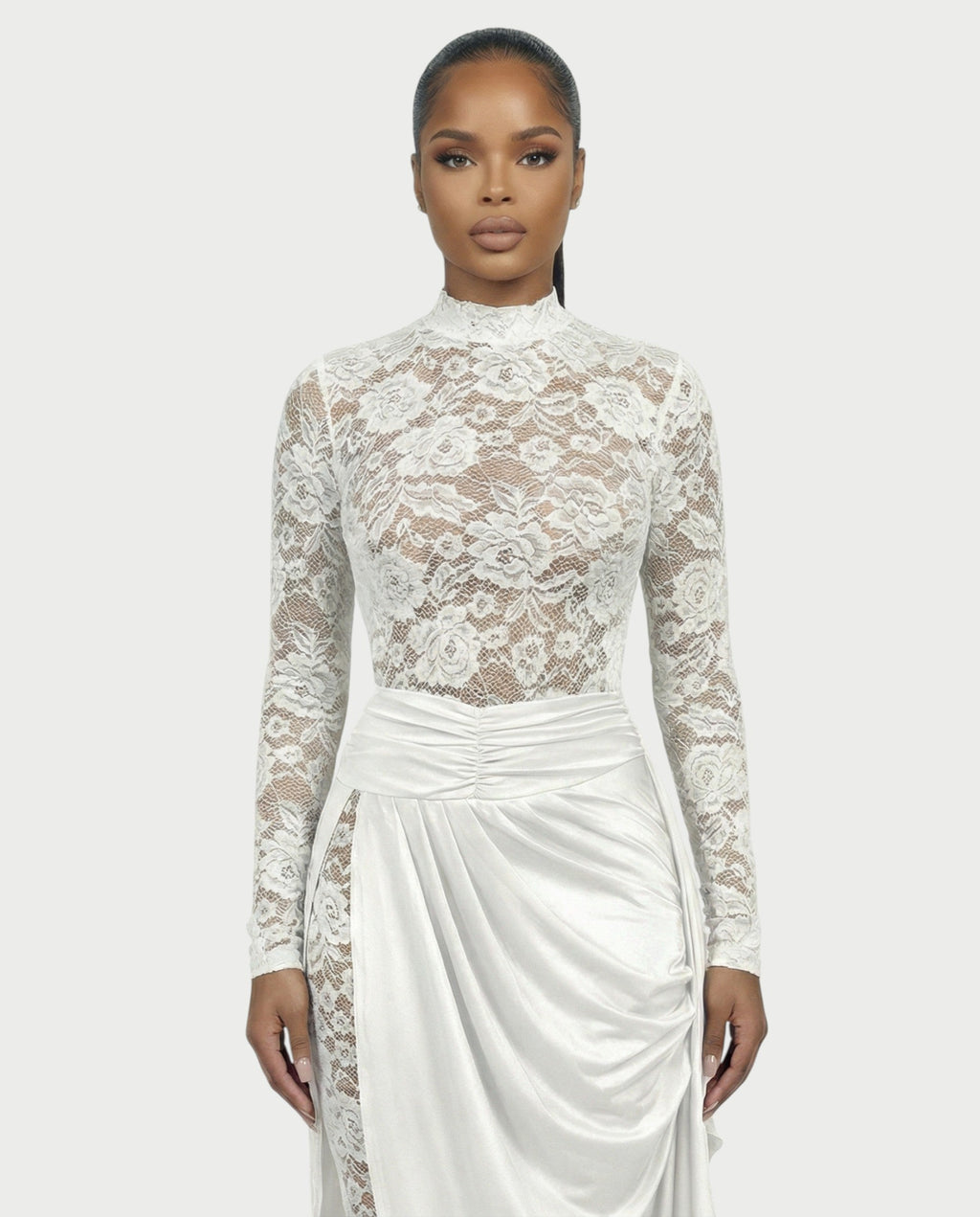 EVASYN Sheer Lace Jumpsuit & Wrap Skirt Set