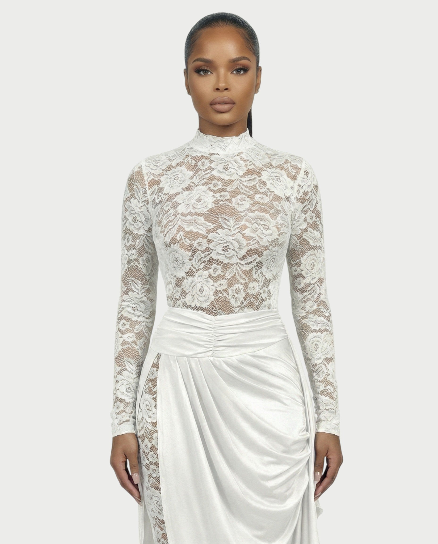 EVASYN Sheer Lace Jumpsuit & Wrap Skirt Set