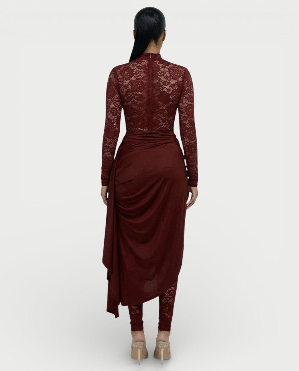 EVASYN Sheer Lace Jumpsuit & Wrap Skirt Set