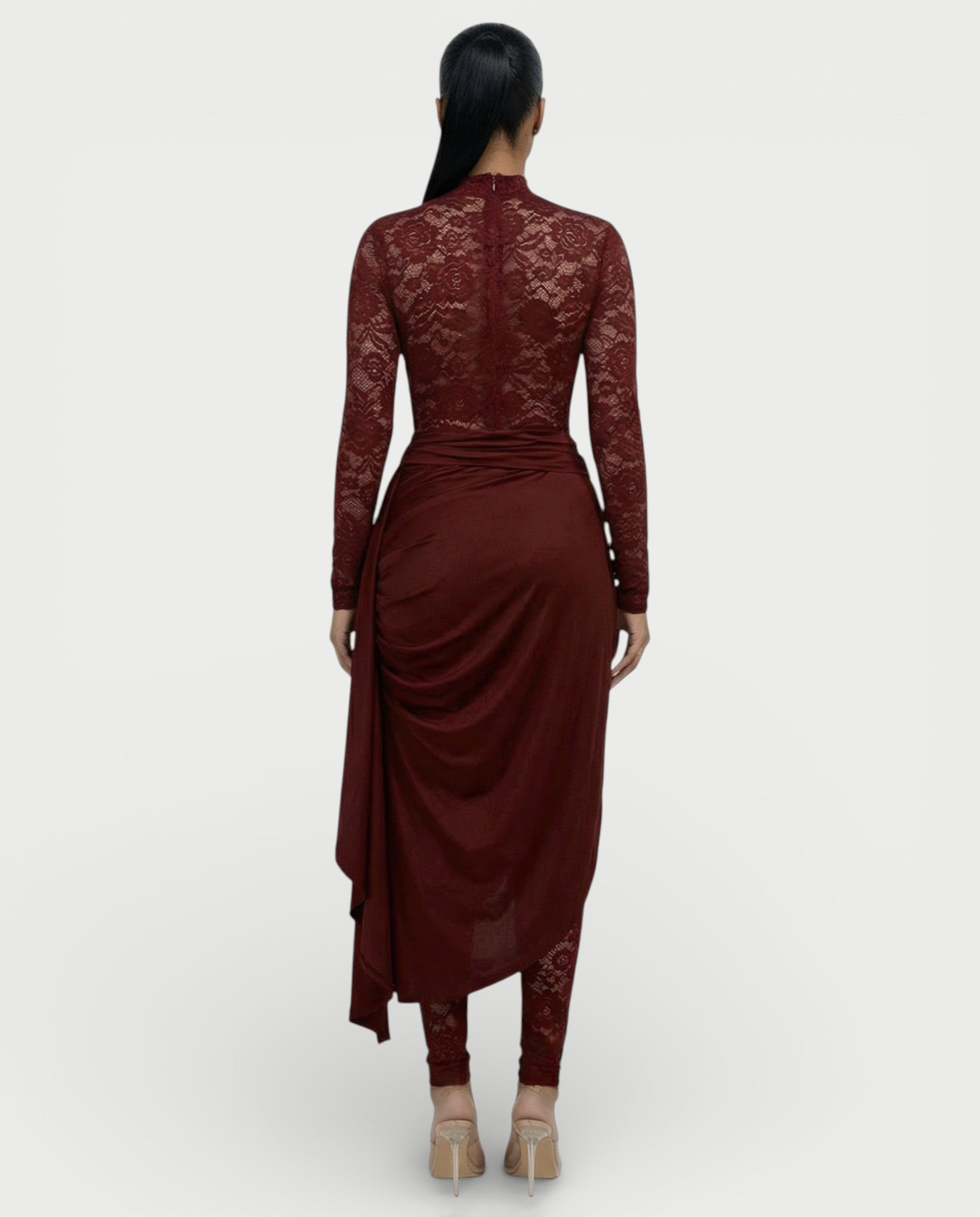 EVASYN Sheer Lace Jumpsuit & Wrap Skirt Set