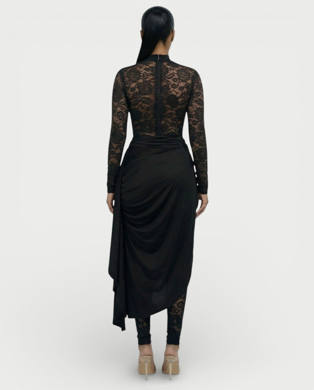 EVASYN Sheer Lace Jumpsuit & Wrap Skirt Set