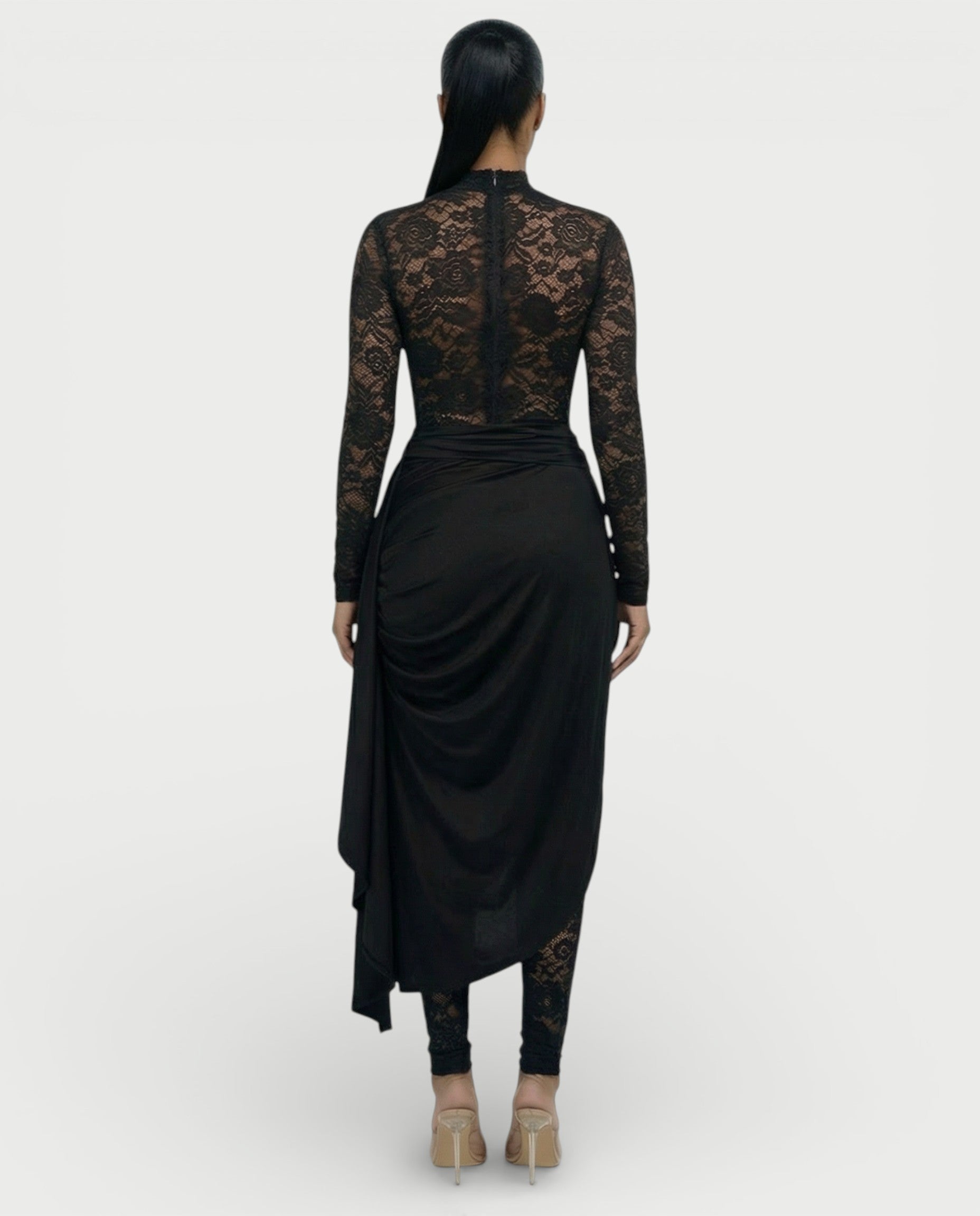 EVASYN Sheer Lace Jumpsuit & Wrap Skirt Set