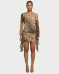 MIRENA One-Shoulder Leopard-Print Chiffon Draped Mini Dress