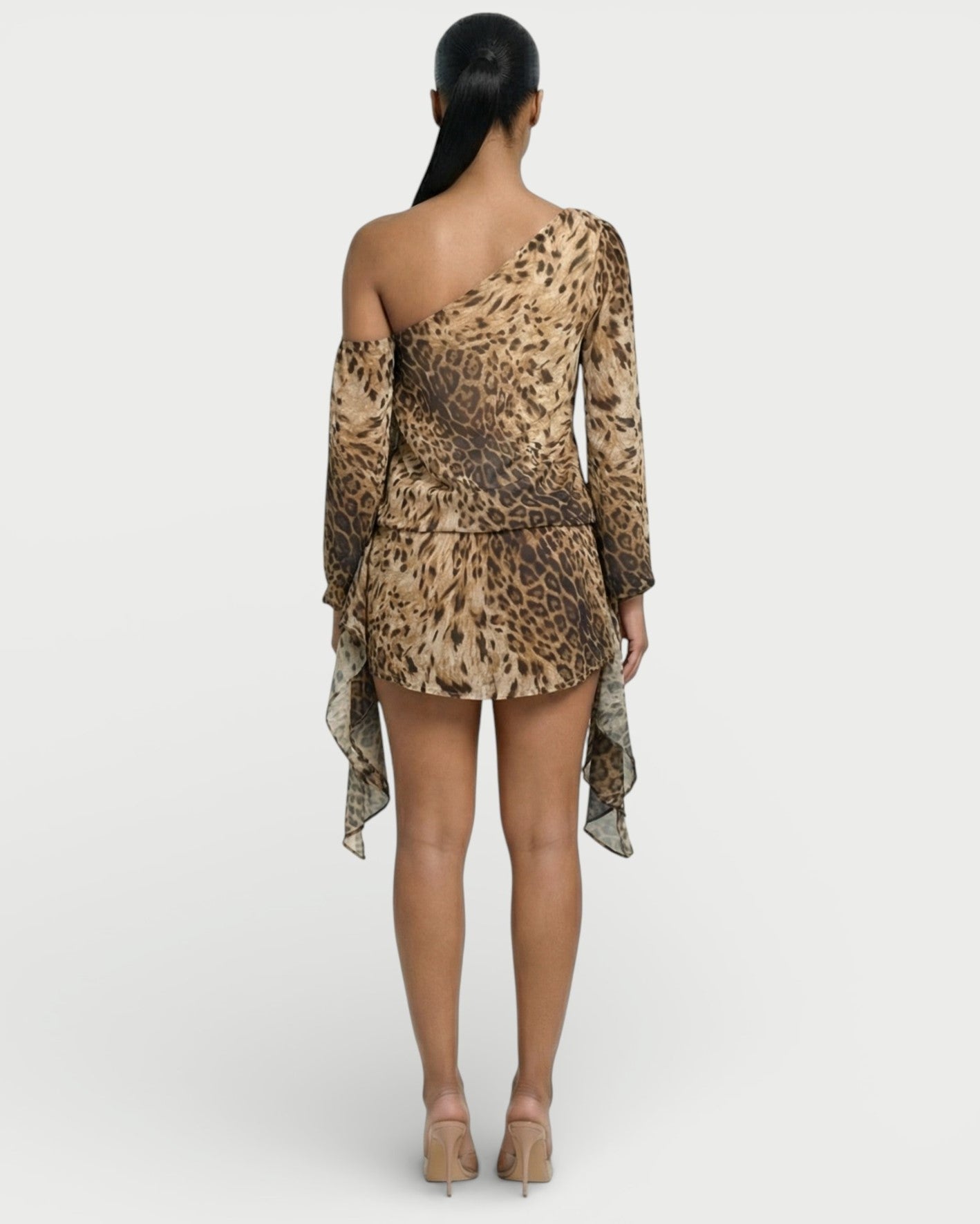 MIRENA One-Shoulder Leopard-Print Chiffon Draped Mini Dress