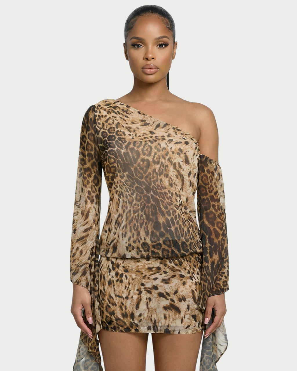 MIRENA One-Shoulder Leopard-Print Chiffon Draped Mini Dress