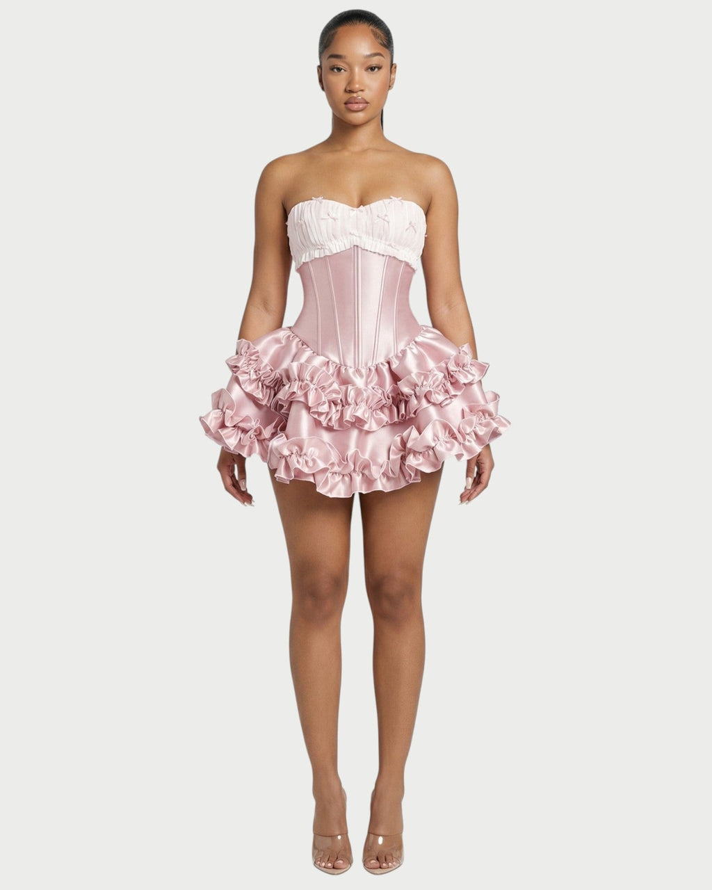 ZERELA Strapless Corset Ruffle Hem Mini Dress