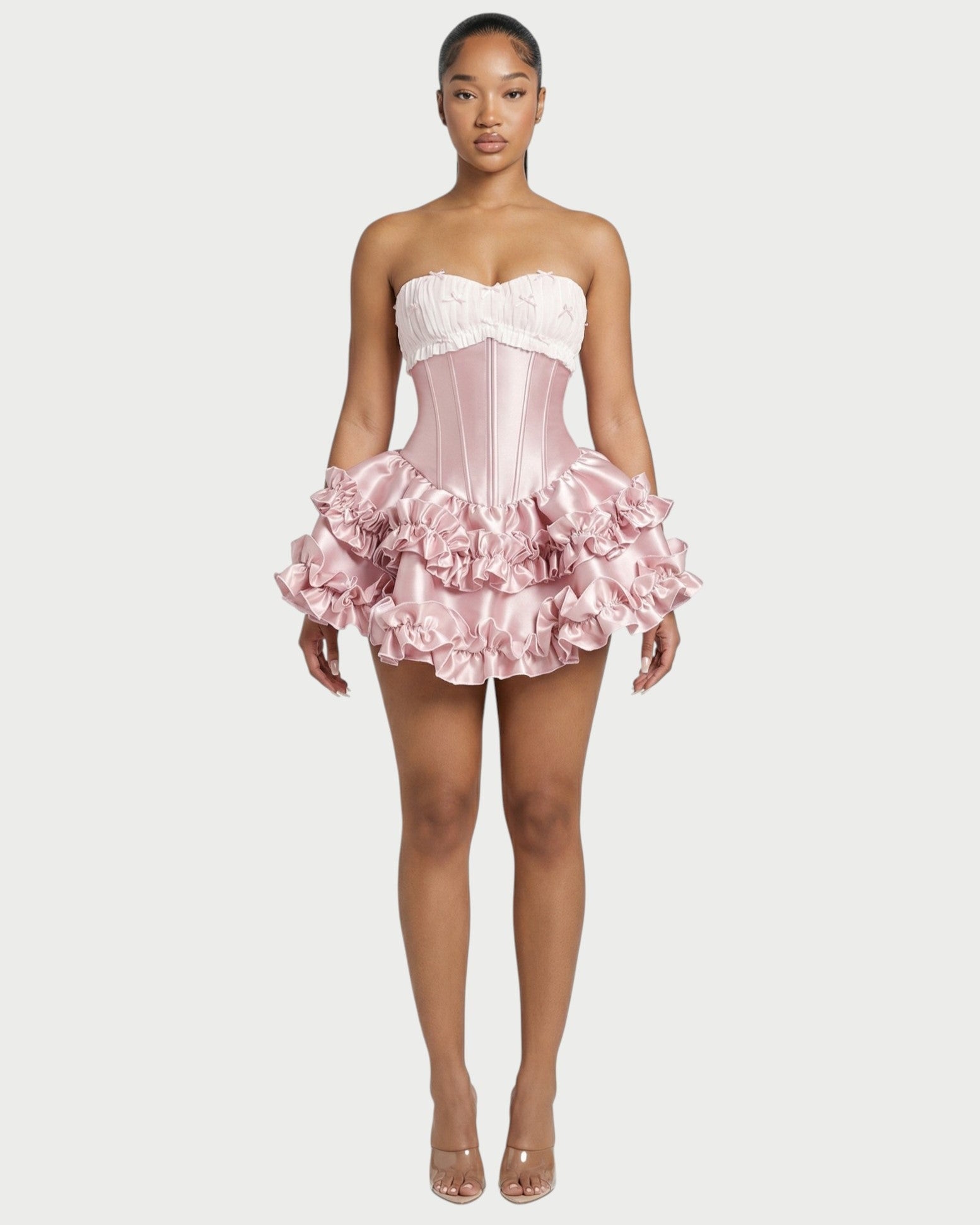 ZERELA Strapless Corset Ruffle Hem Mini Dress