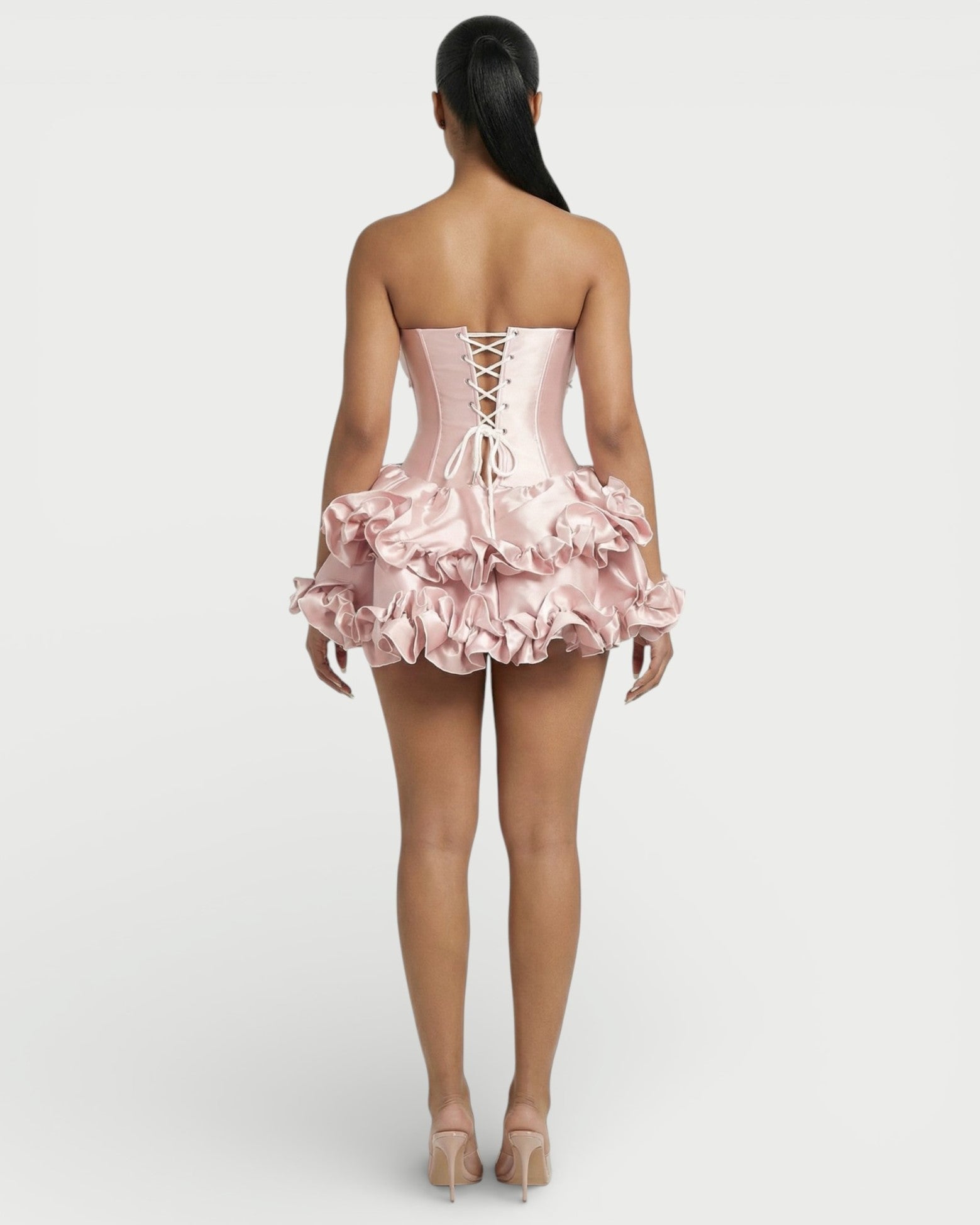 ZERELA Strapless Corset Ruffle Hem Mini Dress