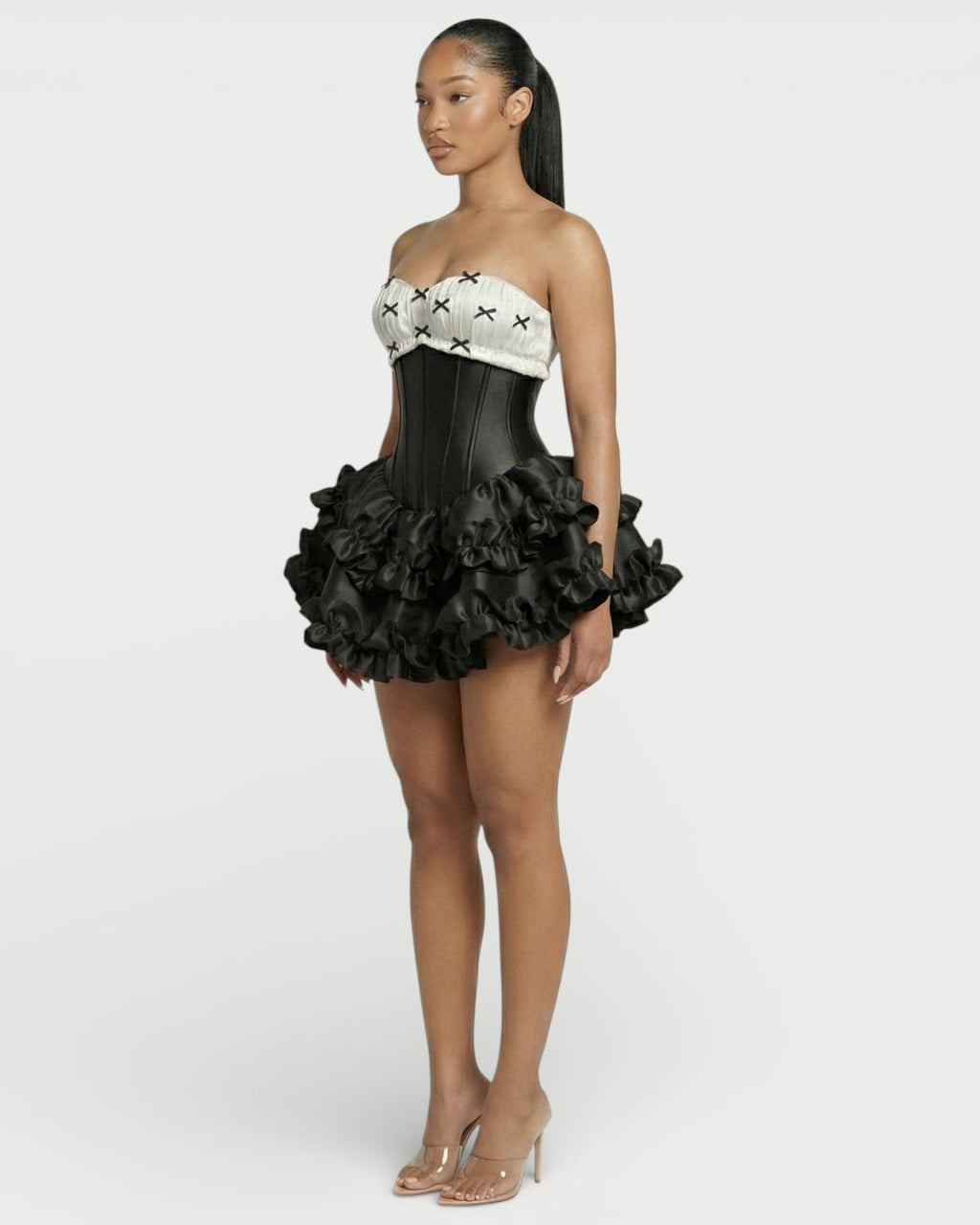 ZERELA Strapless Corset Ruffle Hem Mini Dress