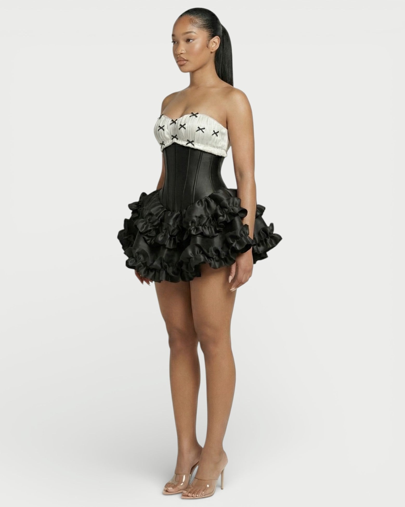 ZERELA Strapless Corset Ruffle Hem Mini Dress
