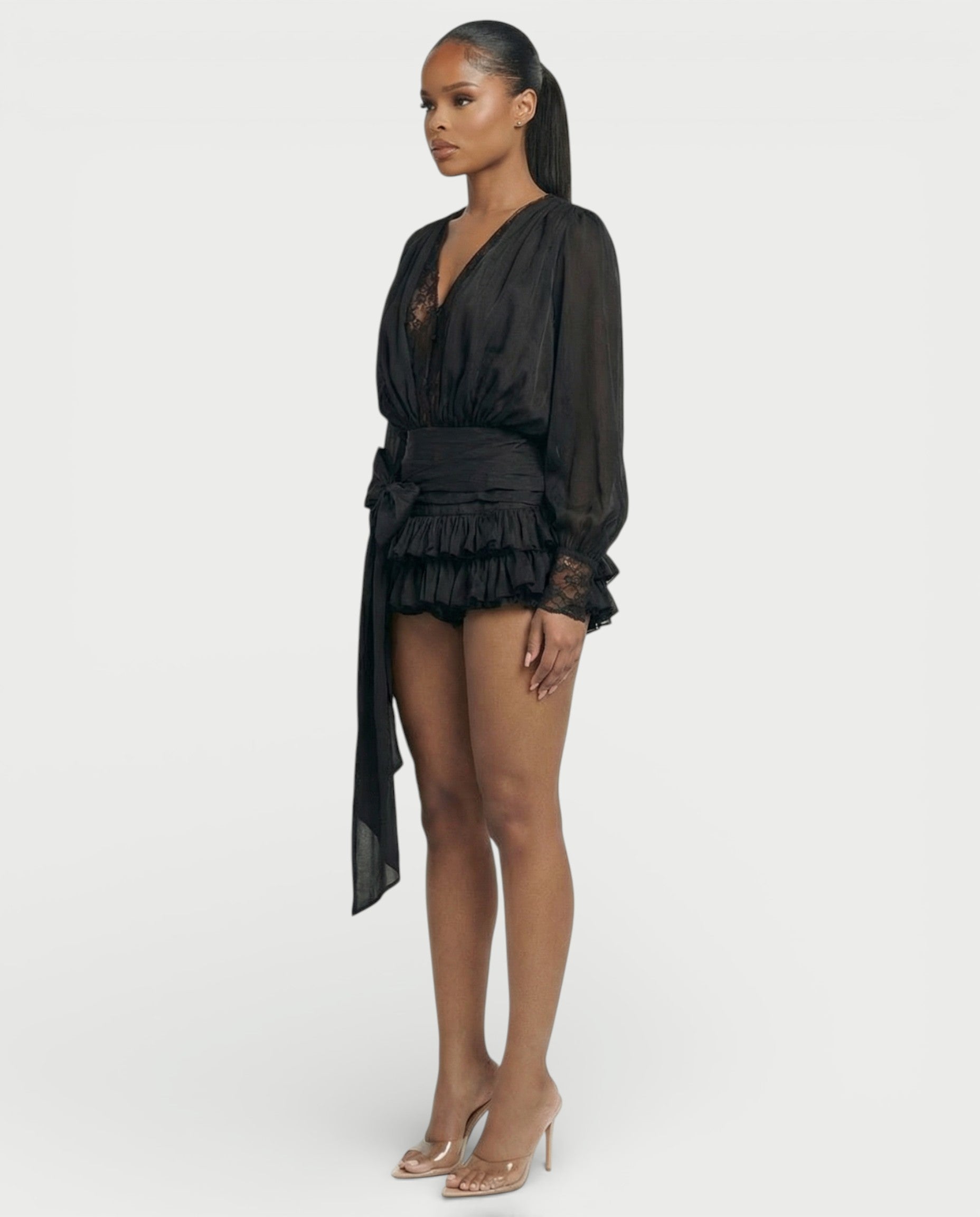 LORIELLE Sheer Lace-Trim V-Neck Chiffon Mini Dress