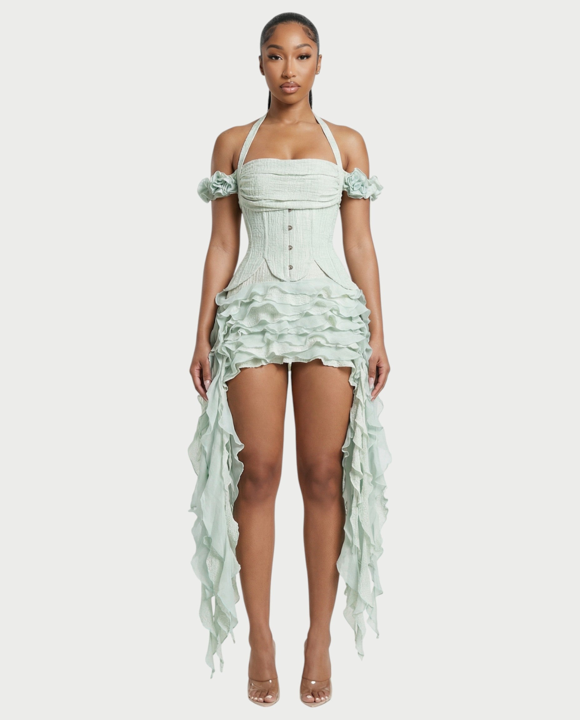VALORIA Corset Ruffle Hem Mini Dress