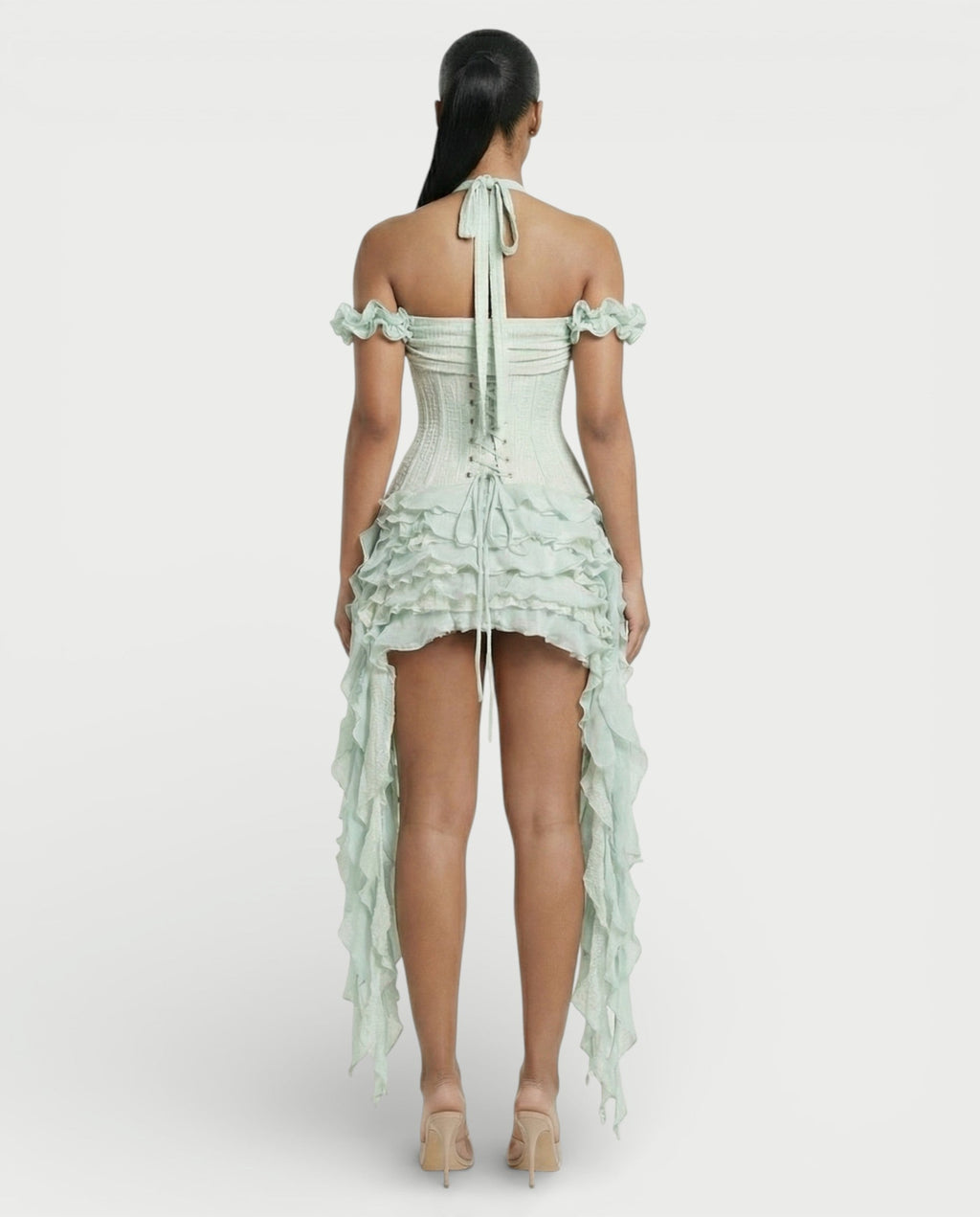 VALORIA Corset Ruffle Hem Mini Dress