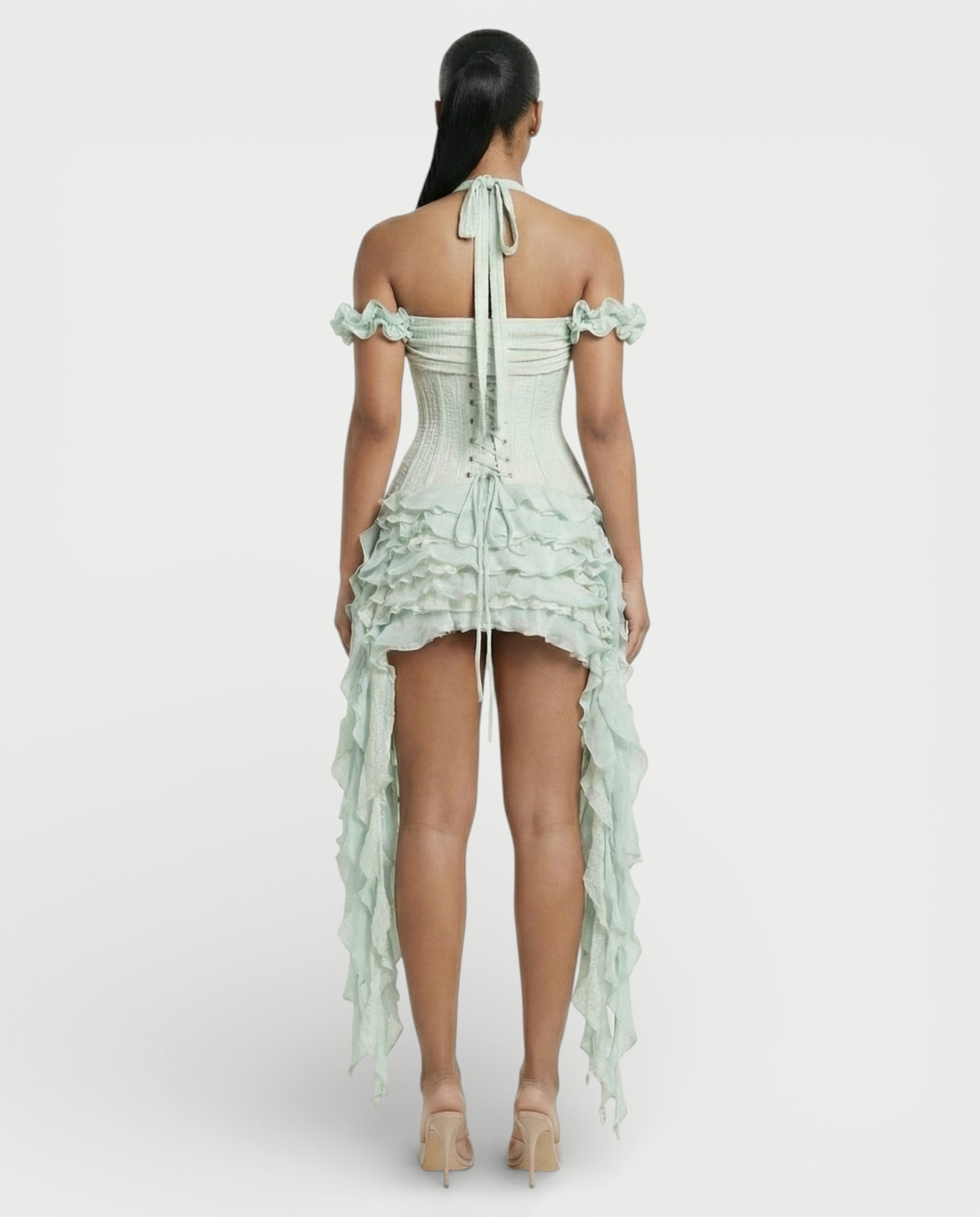 VALORIA Corset Ruffle Hem Mini Dress