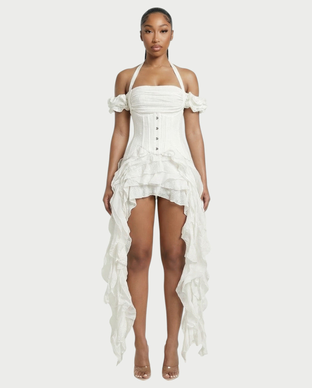 VALORIA Corset Ruffle Hem Mini Dress