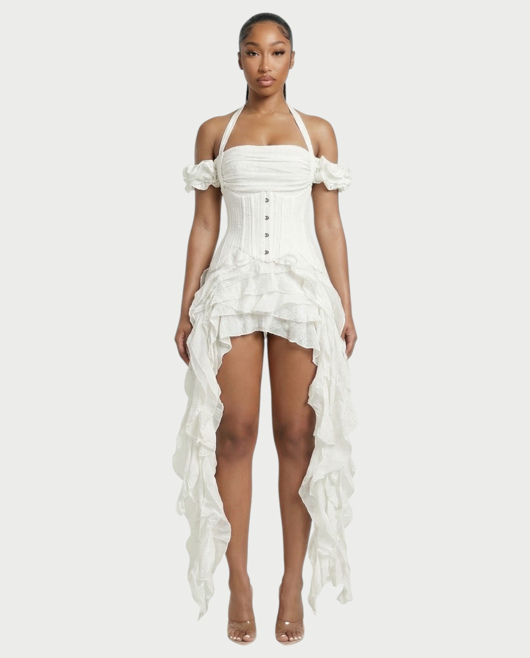VALORIA Corset Ruffle Hem Mini Dress