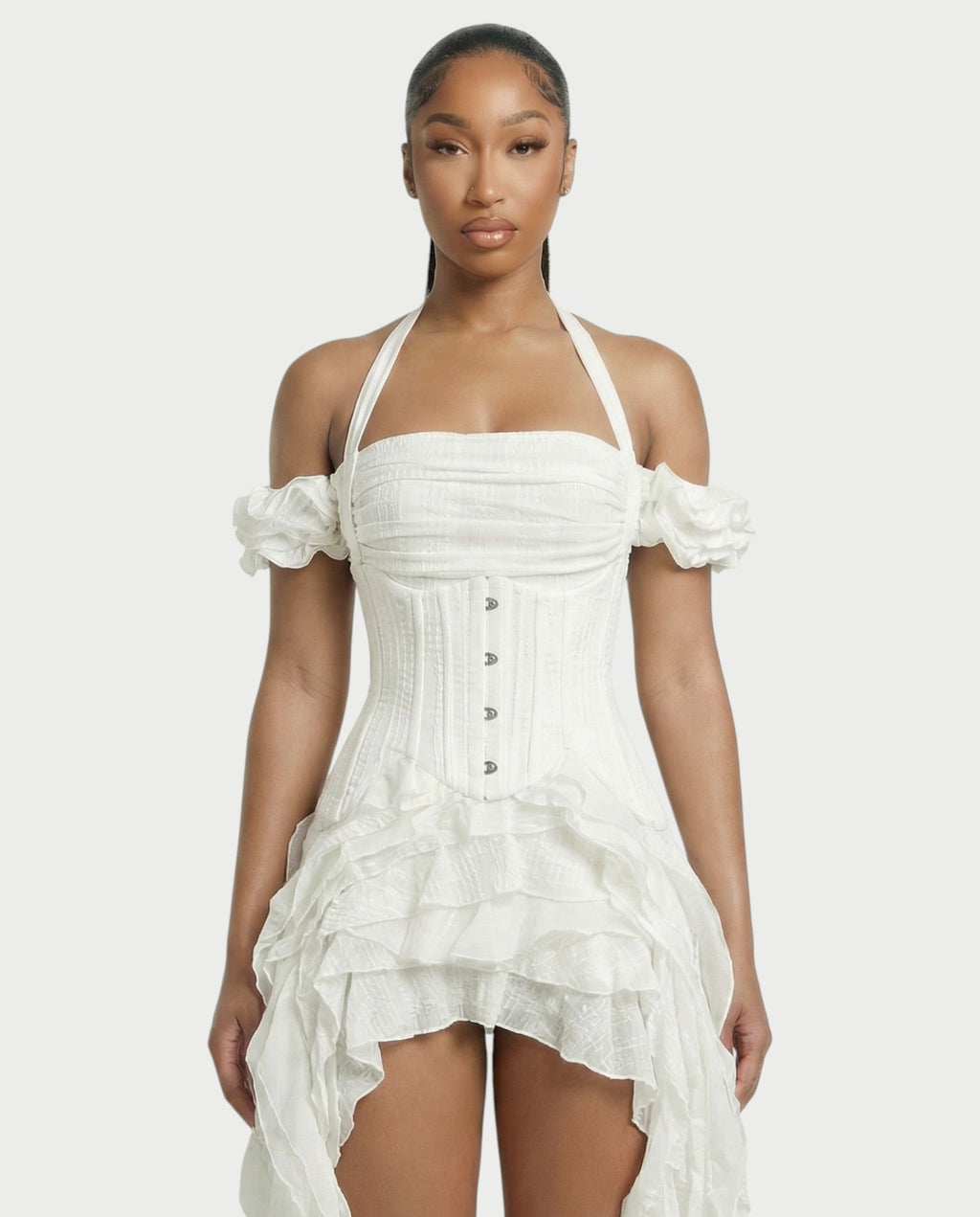VALORIA Corset Ruffle Hem Mini Dress