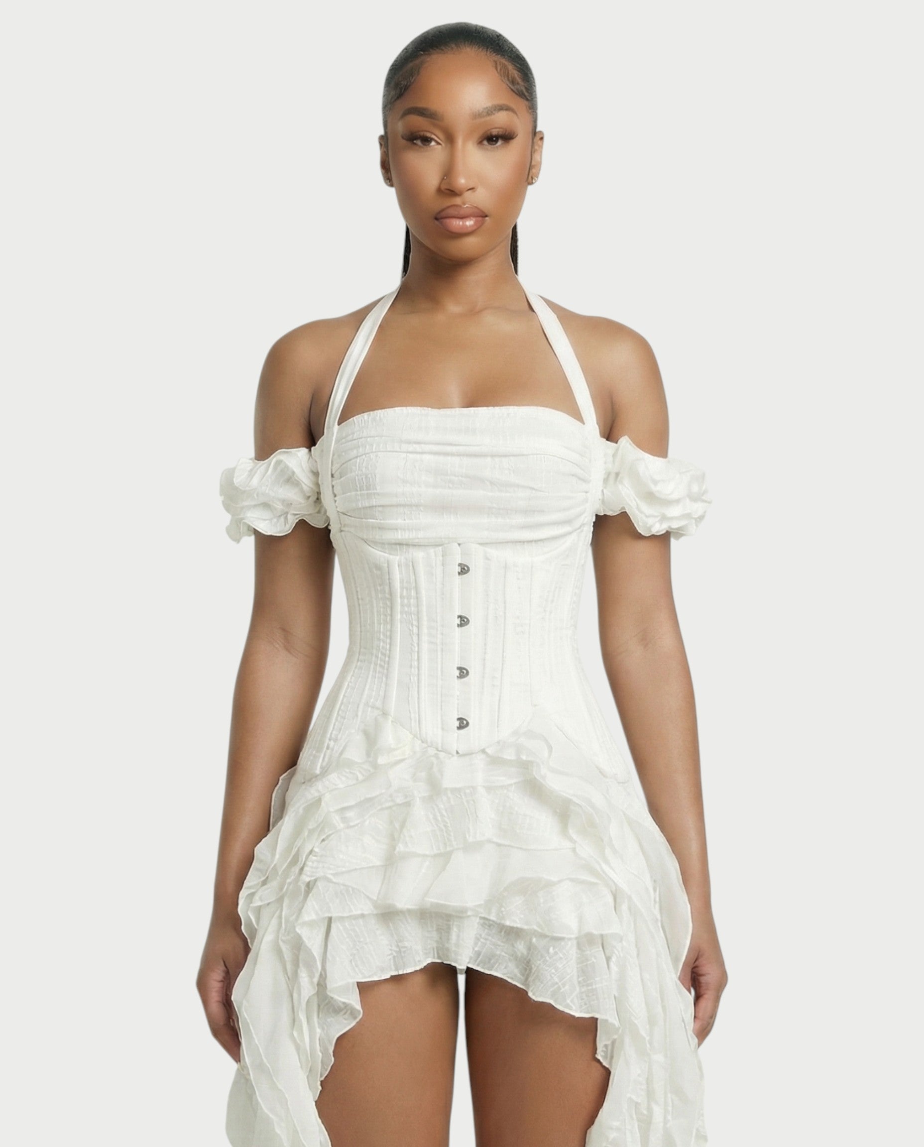 VALORIA Corset Ruffle Hem Mini Dress