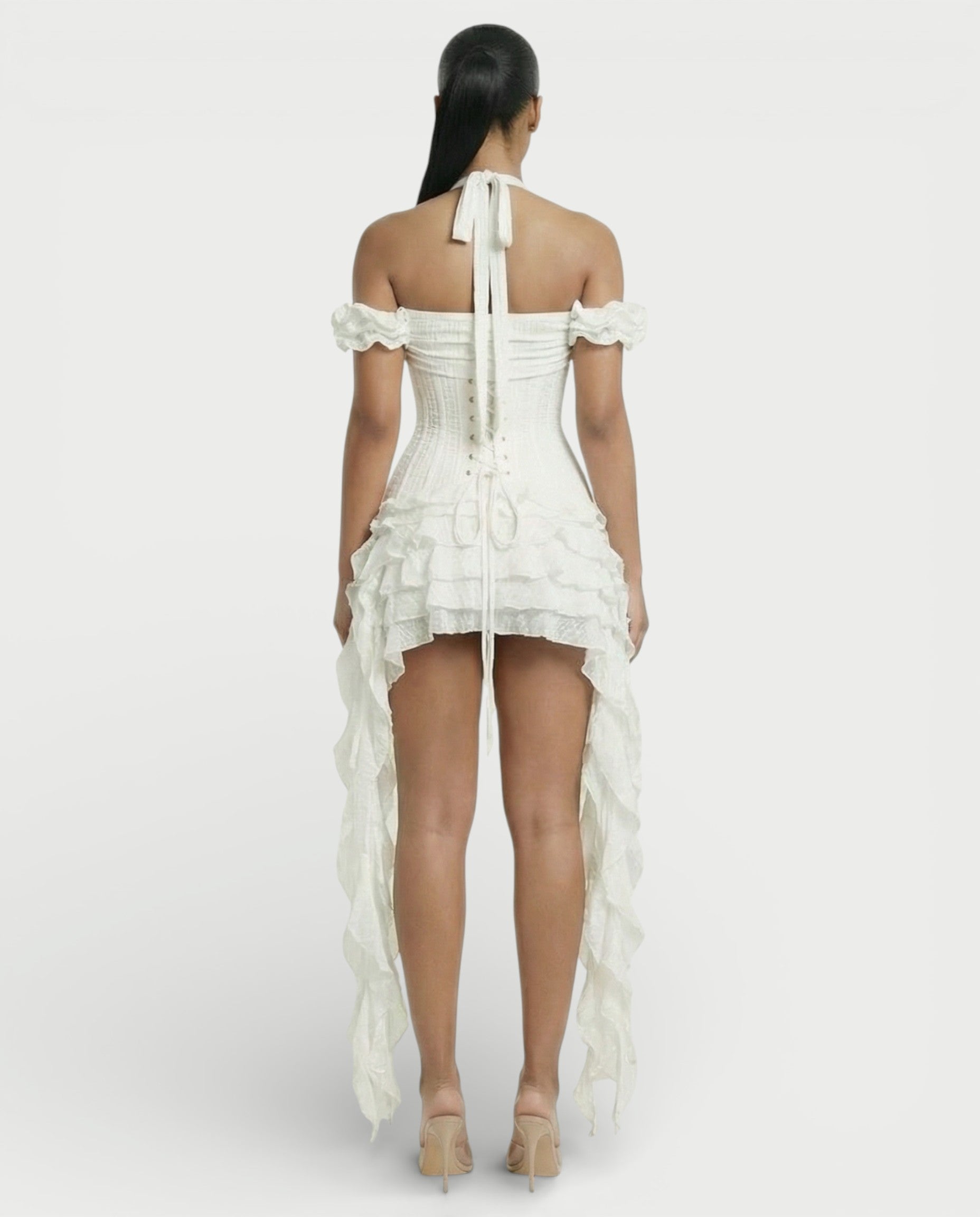 VALORIA Corset Ruffle Hem Mini Dress