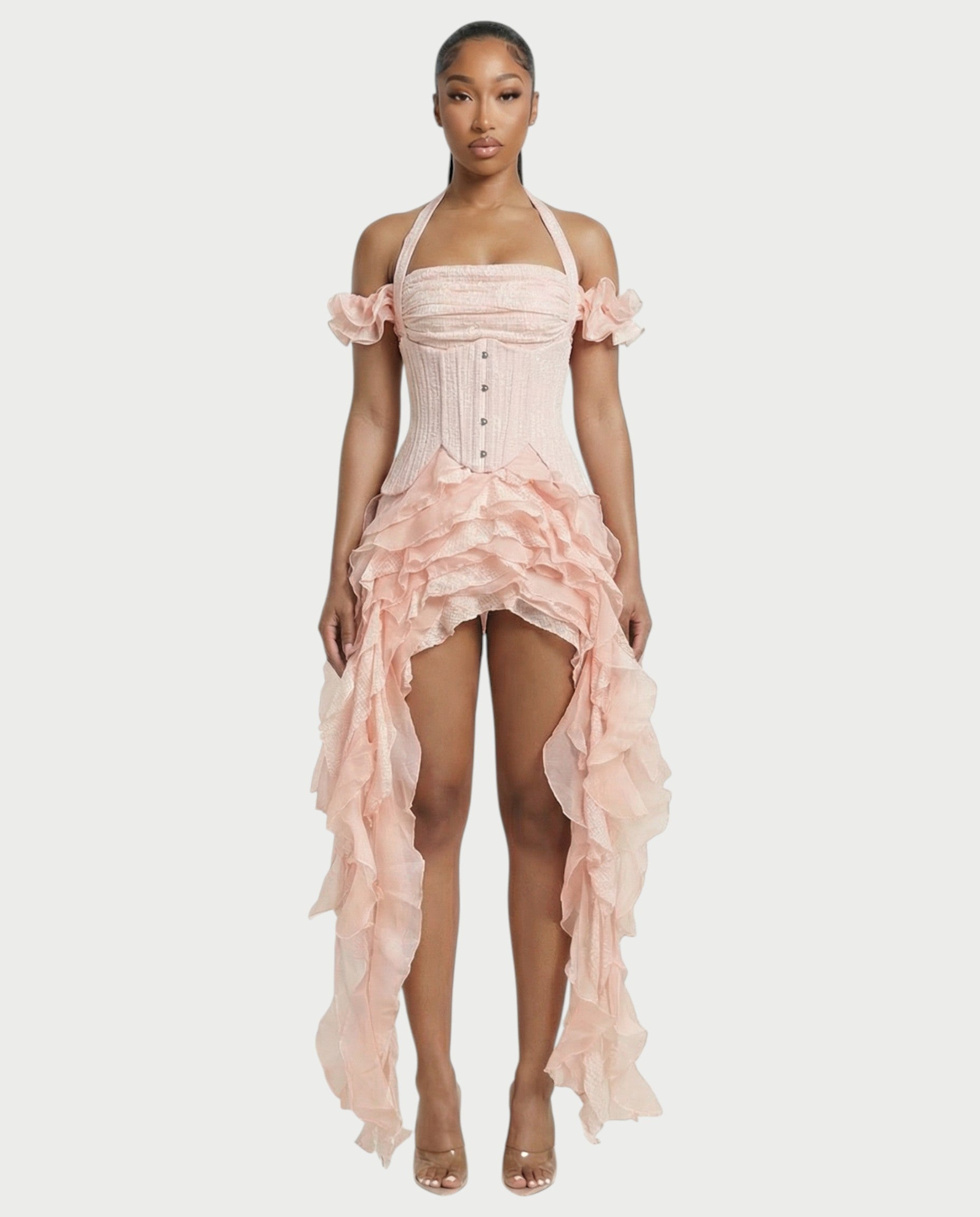 VALORIA Corset Ruffle Hem Mini Dress