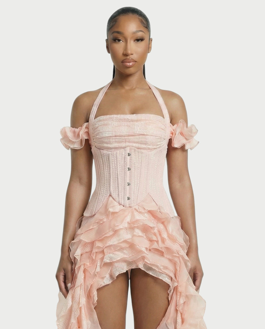 VALORIA Corset Ruffle Hem Mini Dress