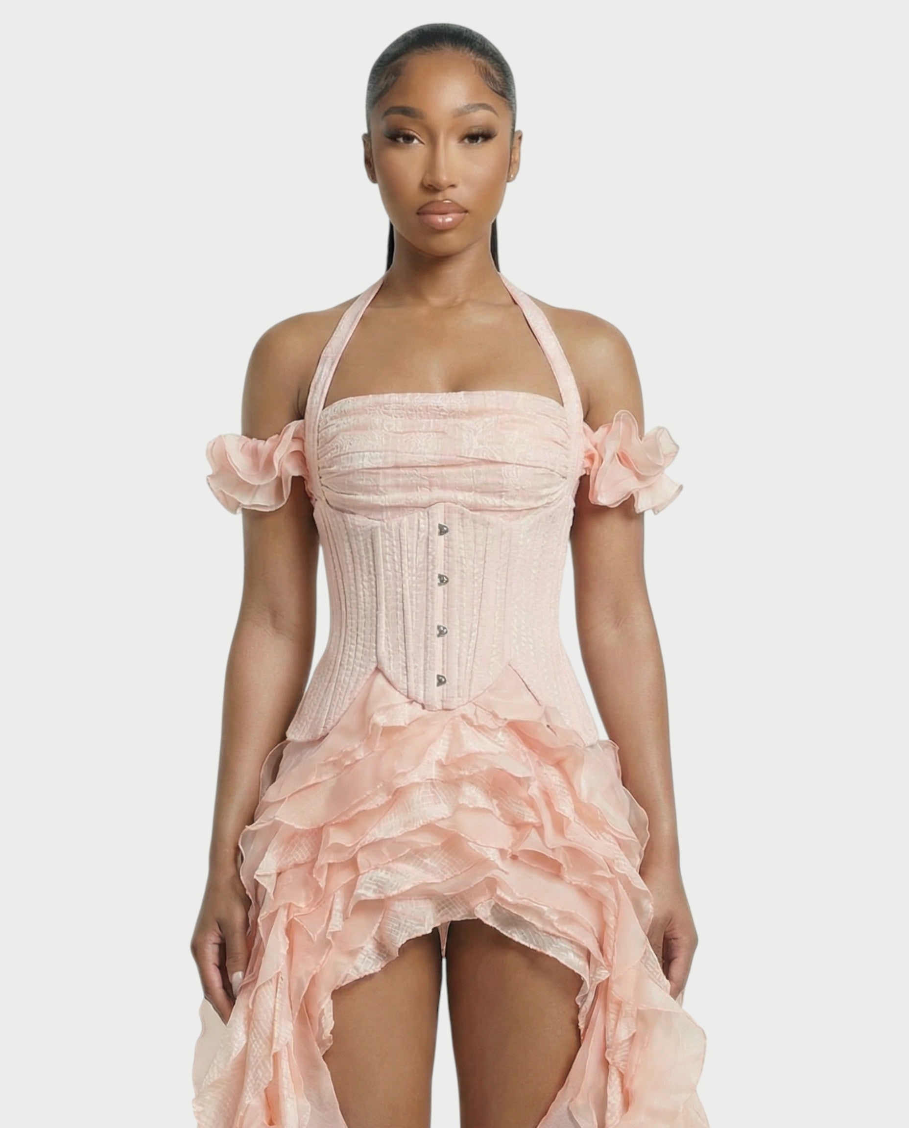 VALORIA Corset Ruffle Hem Mini Dress