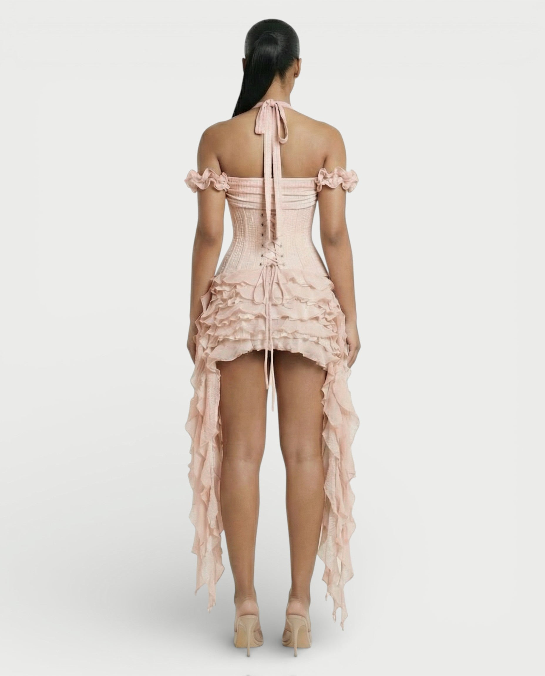 VALORIA Corset Ruffle Hem Mini Dress