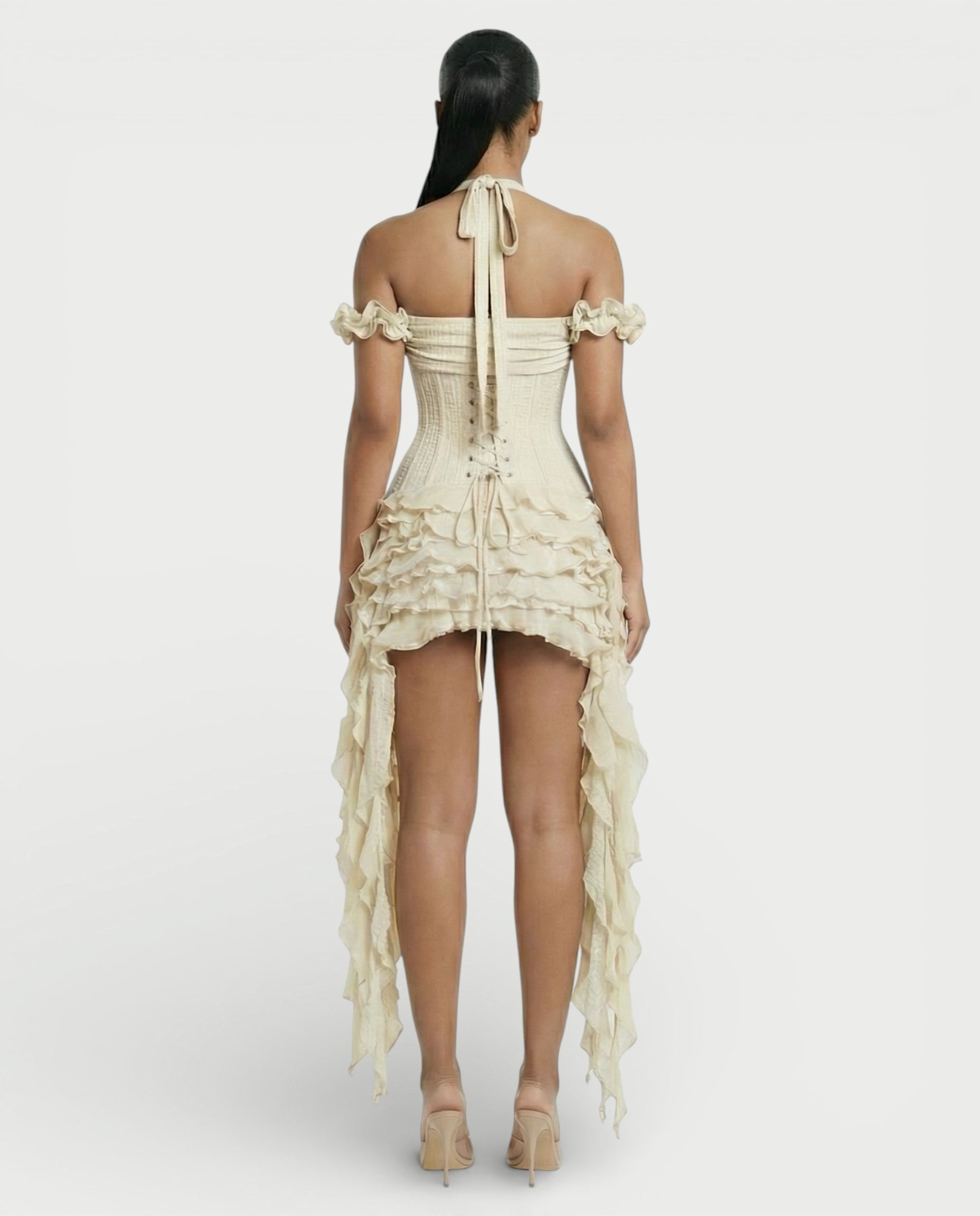 VALORIA Corset Ruffle Hem Mini Dress
