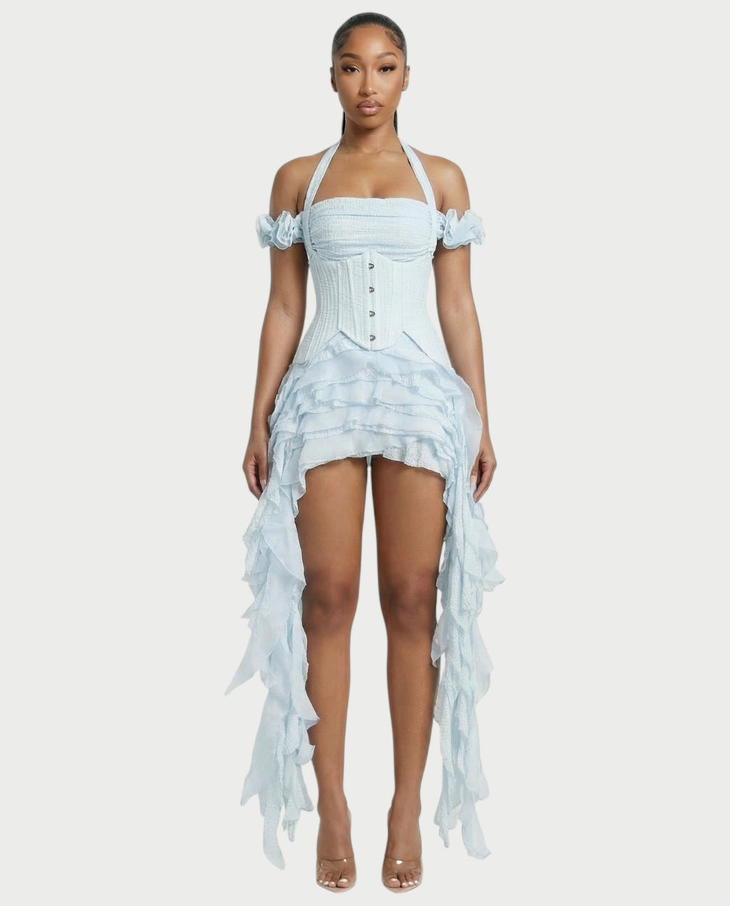 VALORIA Corset Ruffle Hem Mini Dress