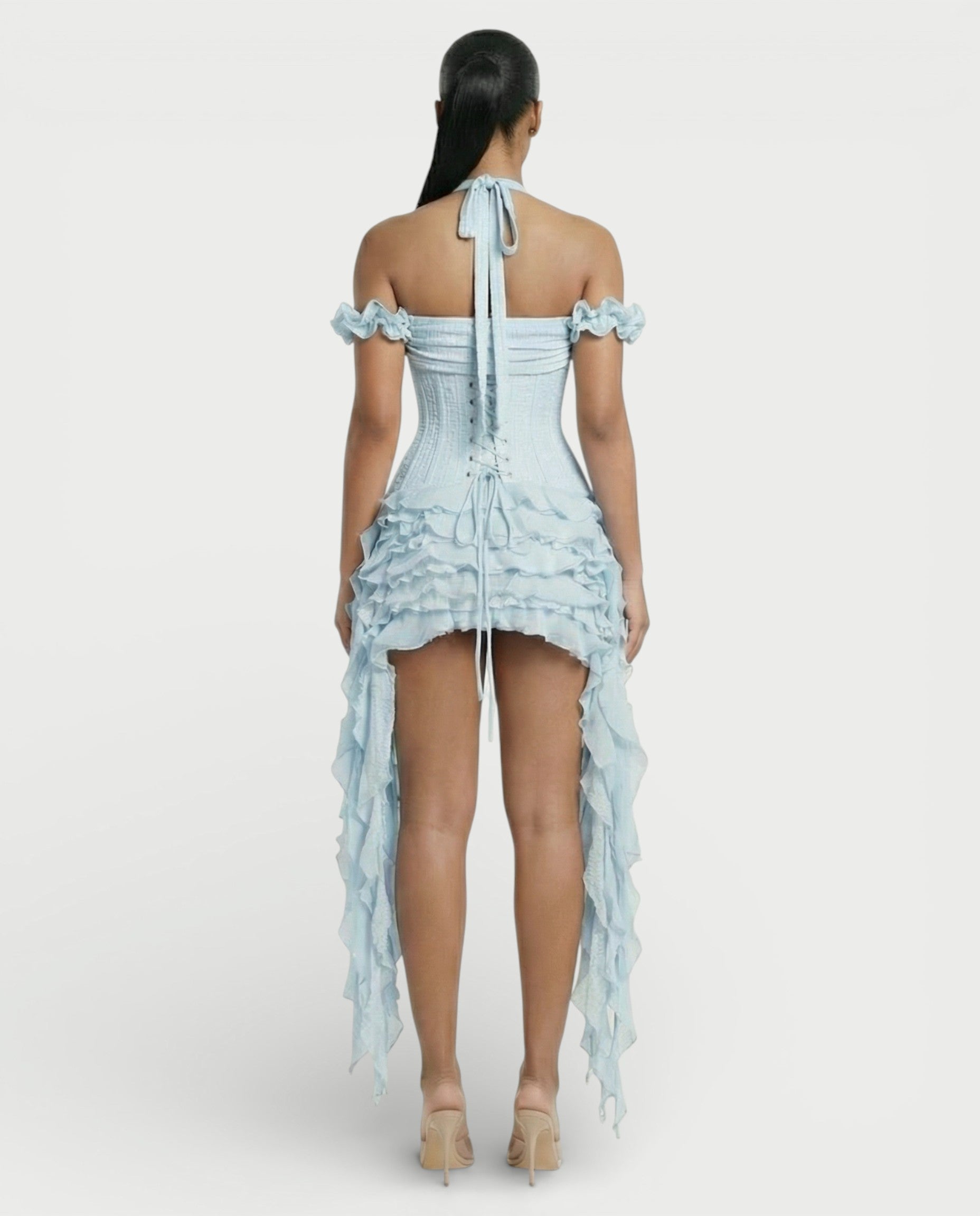 VALORIA Corset Ruffle Hem Mini Dress