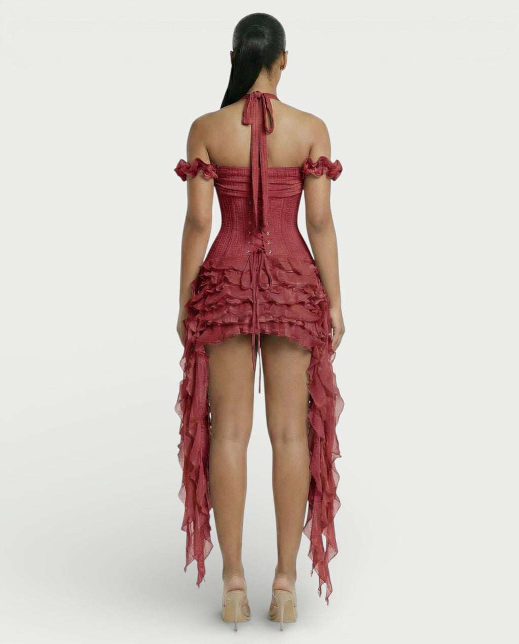 VALORIA Corset Ruffle Hem Mini Dress