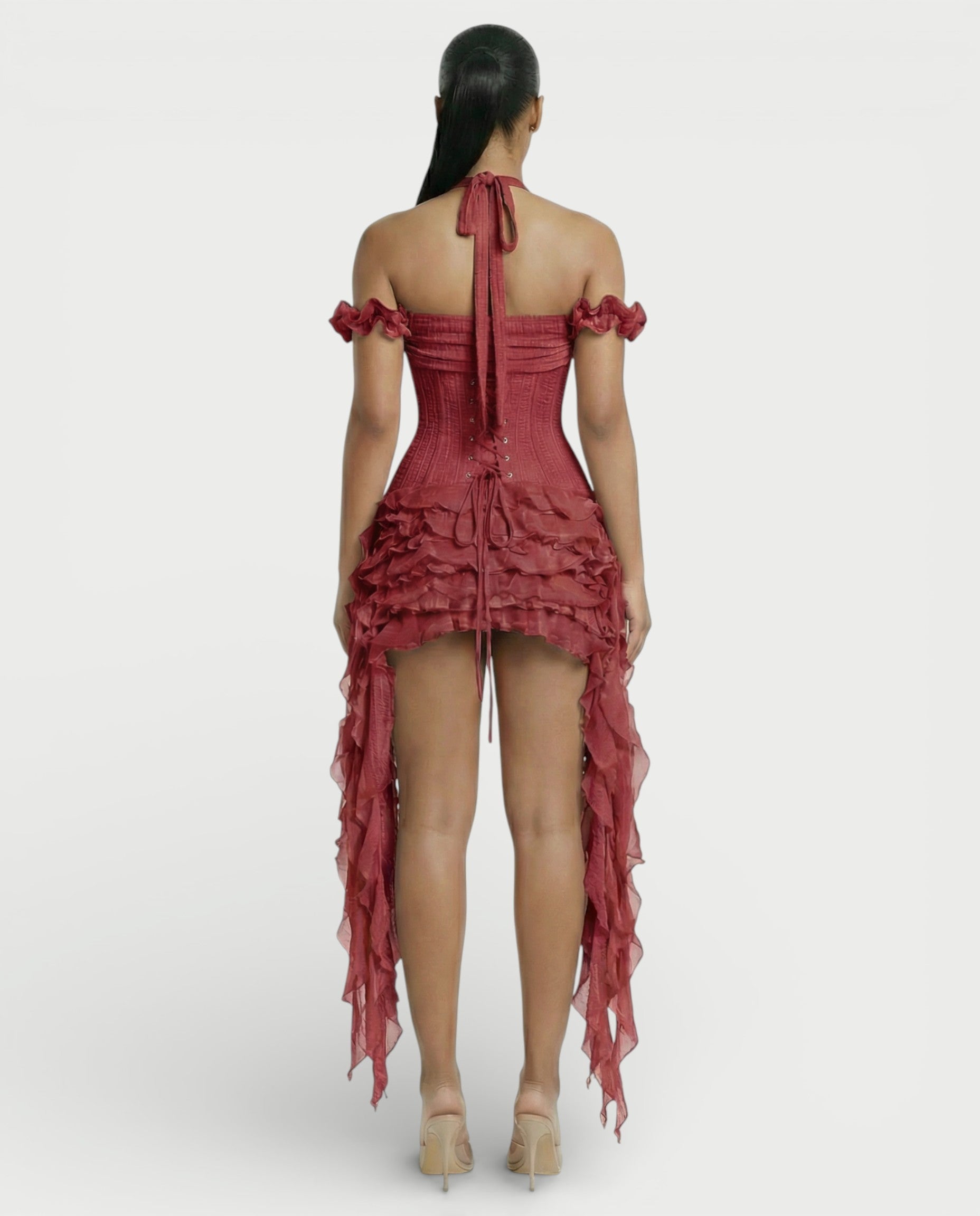 VALORIA Corset Ruffle Hem Mini Dress
